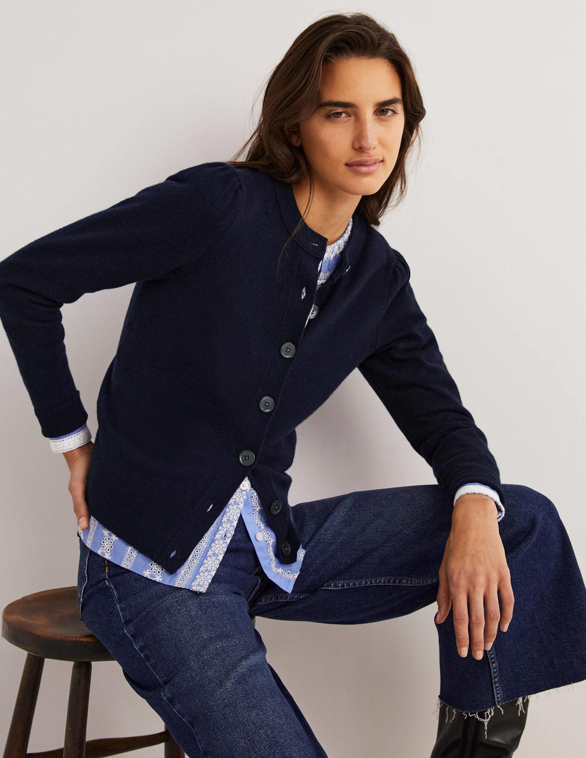 Cashmere Crew Neck Cardigan-Navy - Image 1