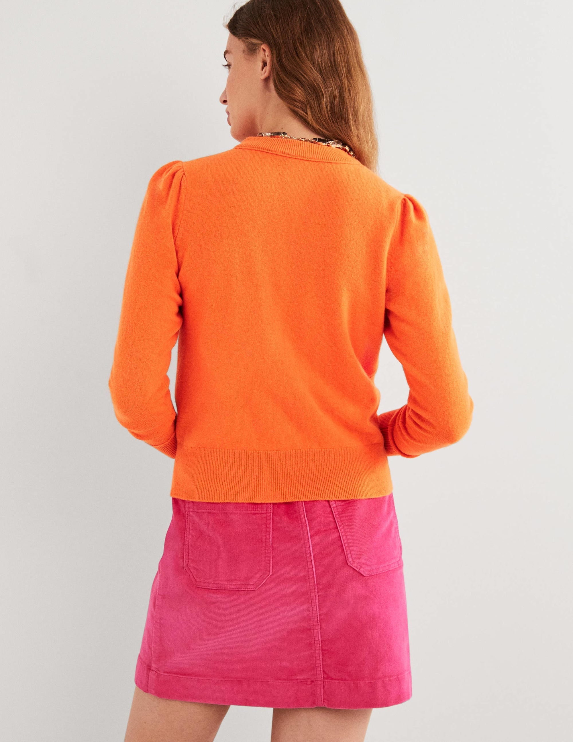 Cashmere Crew Neck Cardigan-Neon Orange - Image 3