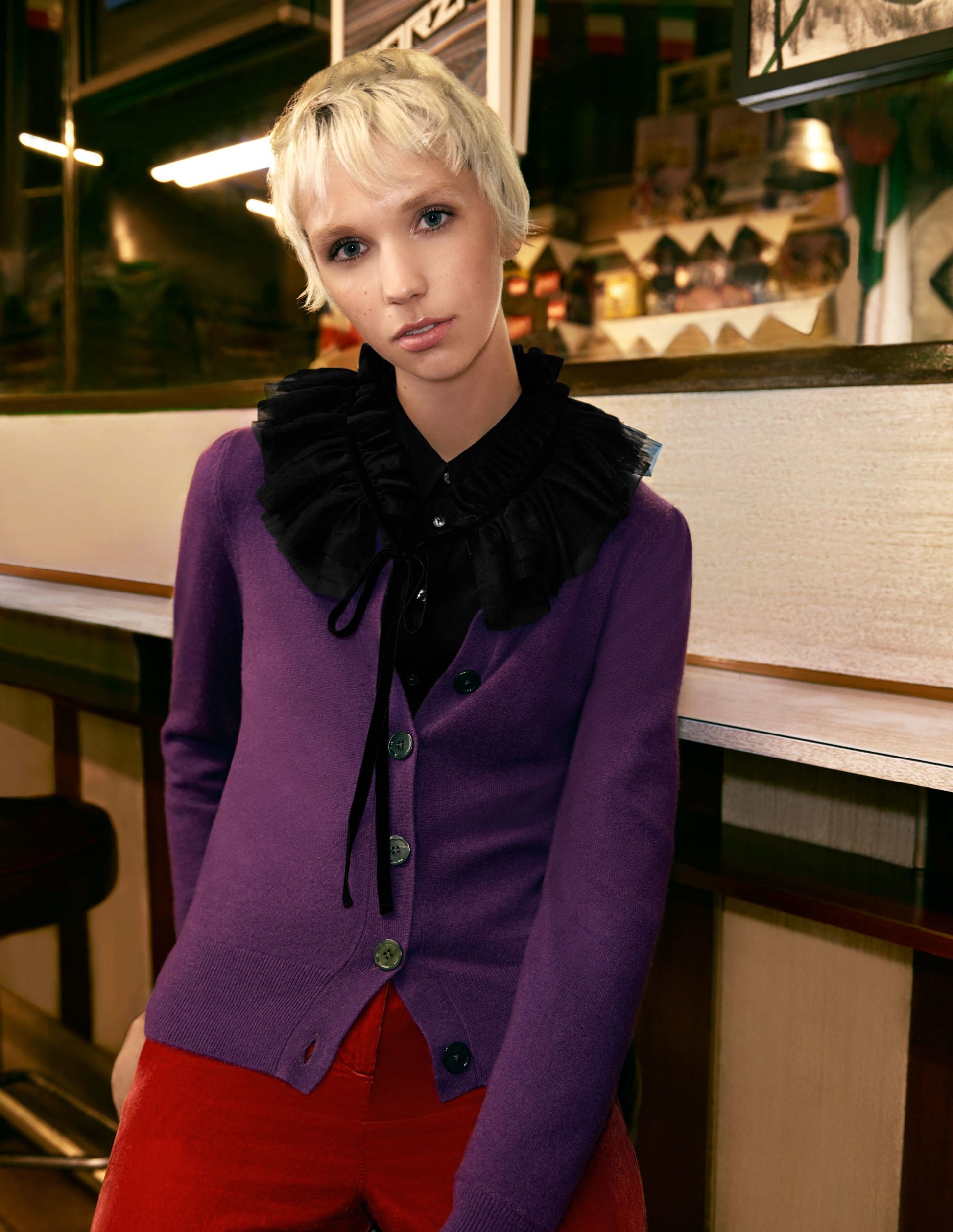 Cashmere Crew Neck Cardigan-Imperial Purple-5