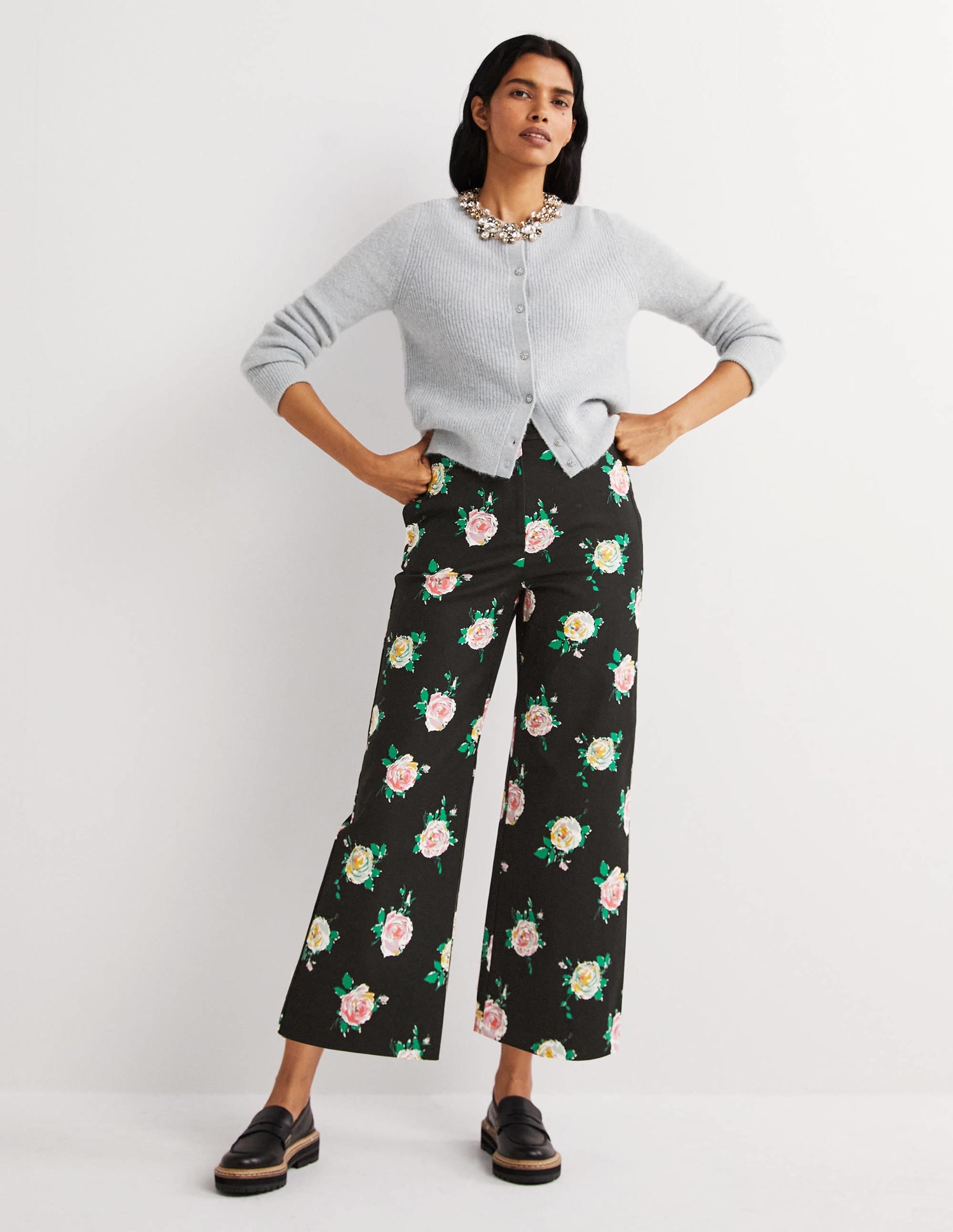 High Waisted Richmond Trousers-Black, Painterly Rose - Image 1