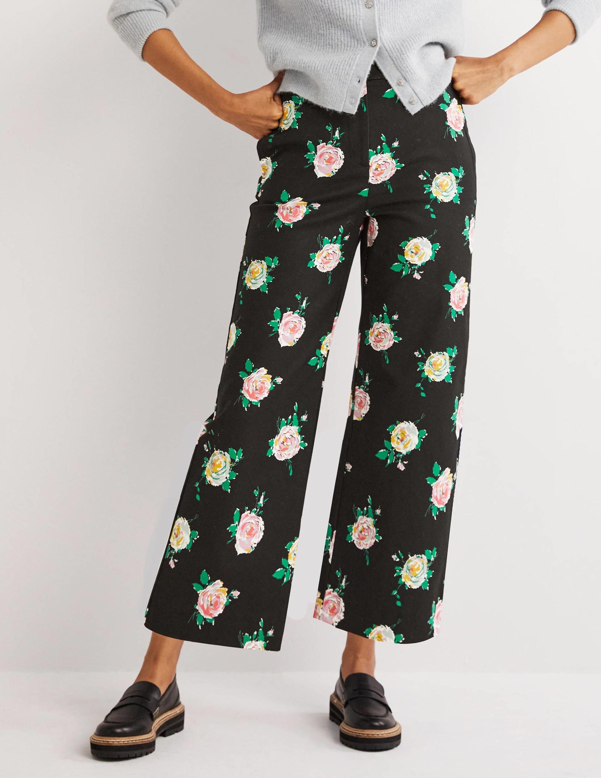 High Waisted Richmond Trousers-Black, Painterly Rose-5