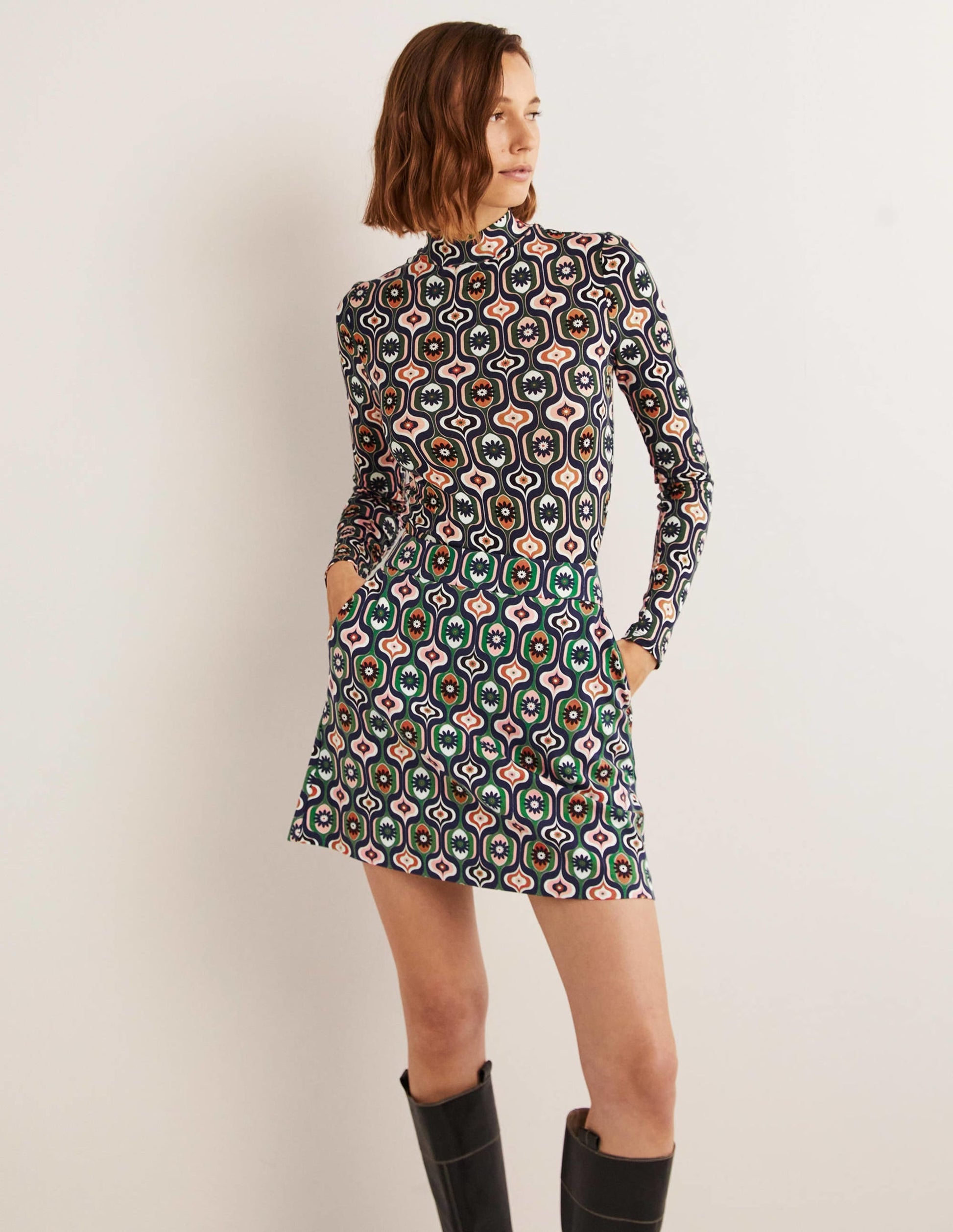 Ponte A-line Mini Skirt-Multi, Geo Swirl-1