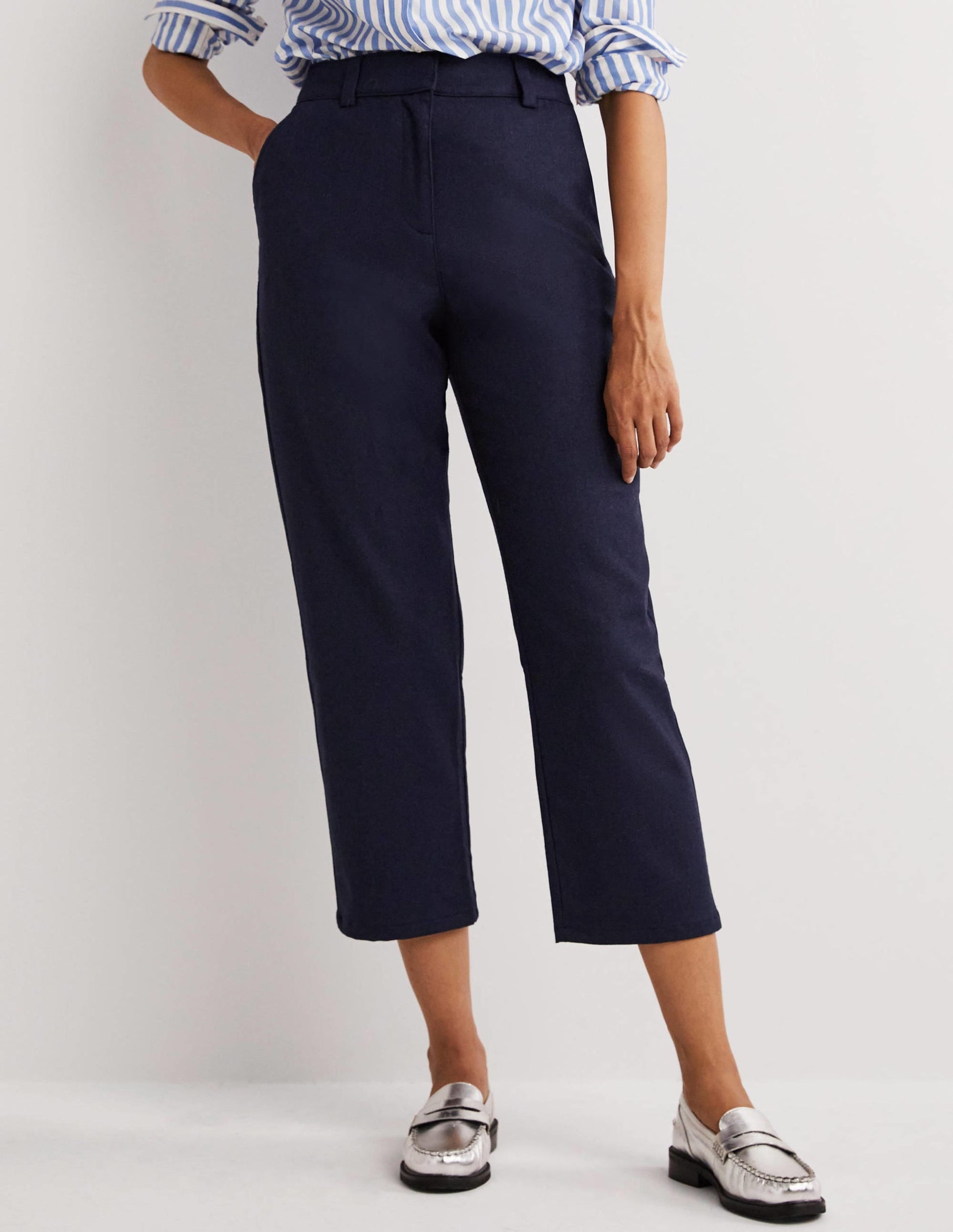 Barrel Leg Flannel Trousers-Navy-4