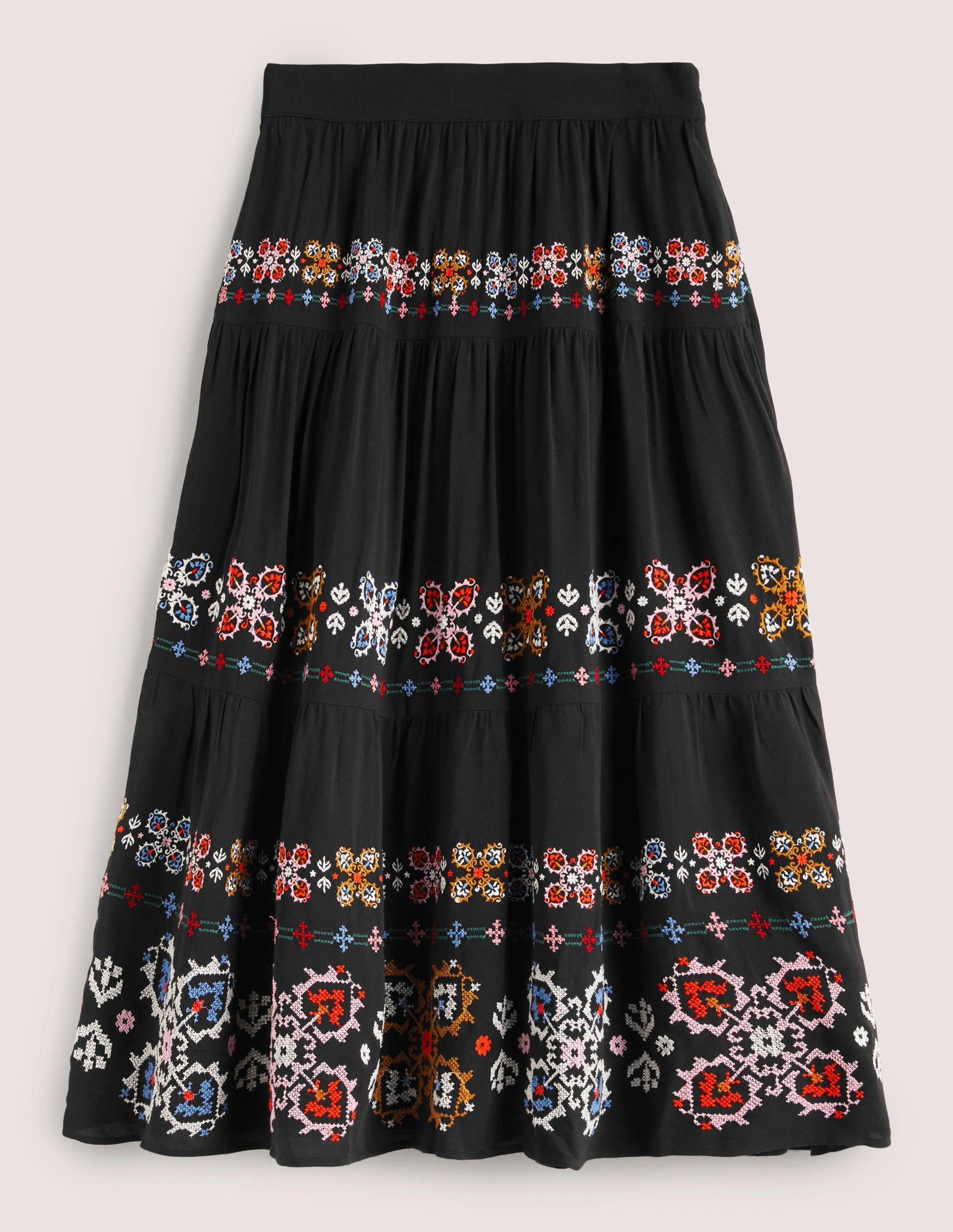 Embroidered Tiered Midi Skirt-Black Embroidery - Image 6