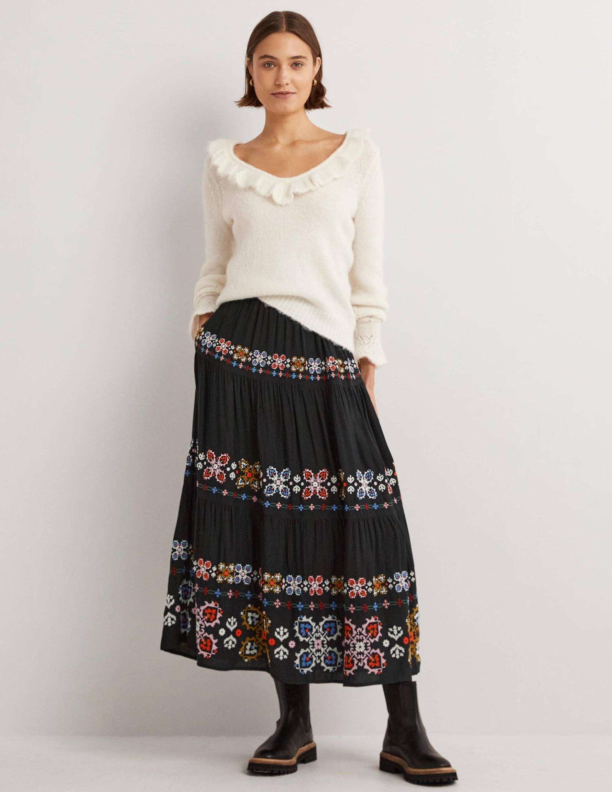 Embroidered Tiered Midi Skirt-Black Embroidery-1