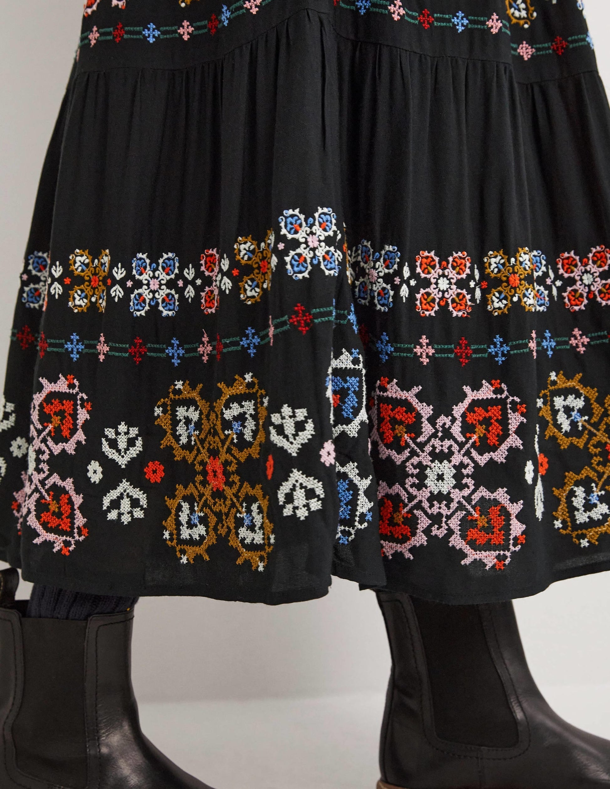 Embroidered Tiered Midi Skirt-Black Embroidery-2