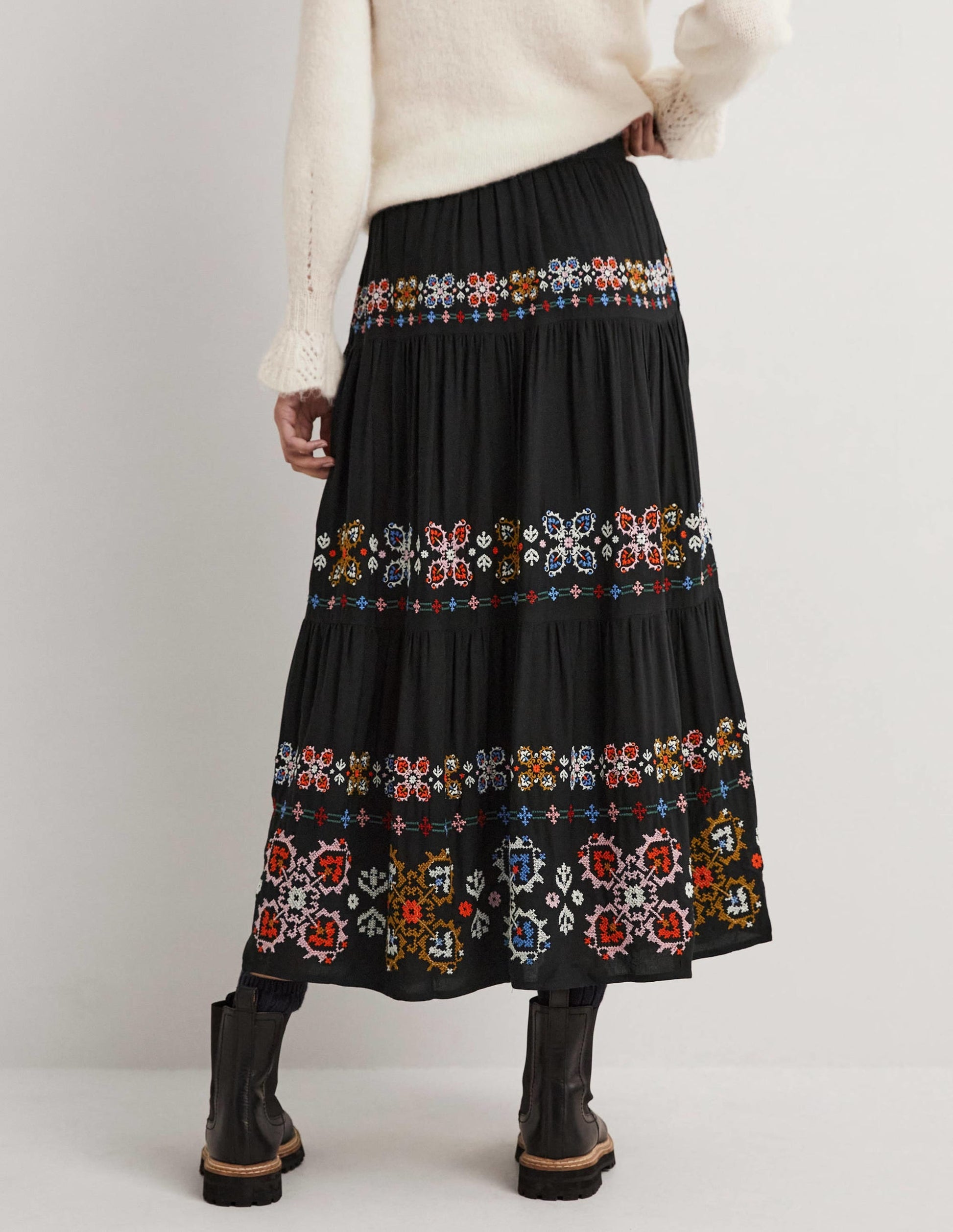 Embroidered Tiered Midi Skirt-Black Embroidery-3