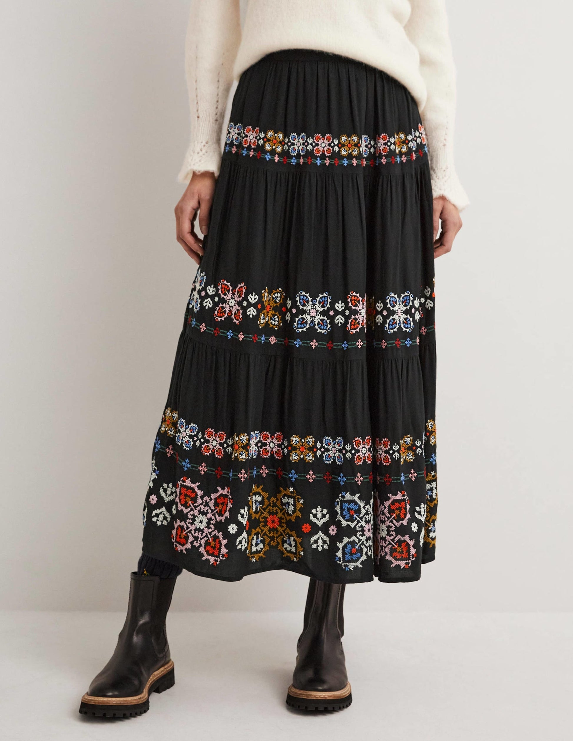 Embroidered Tiered Midi Skirt-Black Embroidery-5