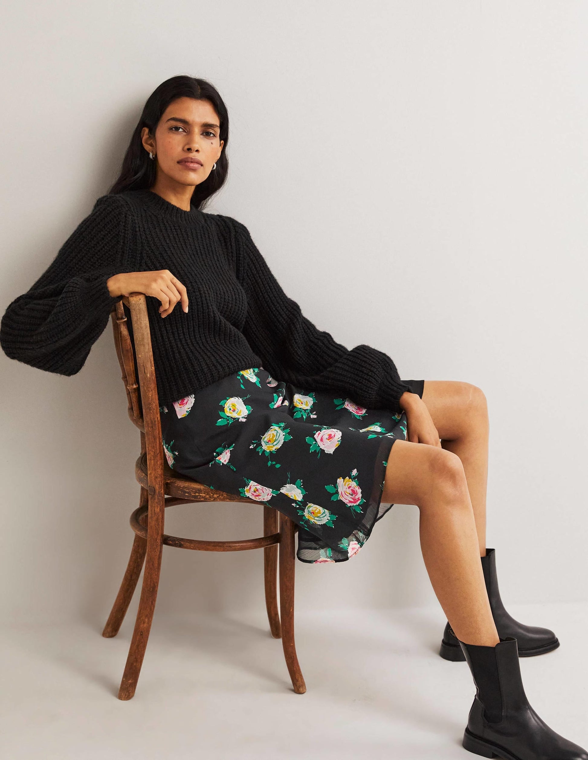 Crinkle Bias-cut Skirt-Black, Painterly Rose-1