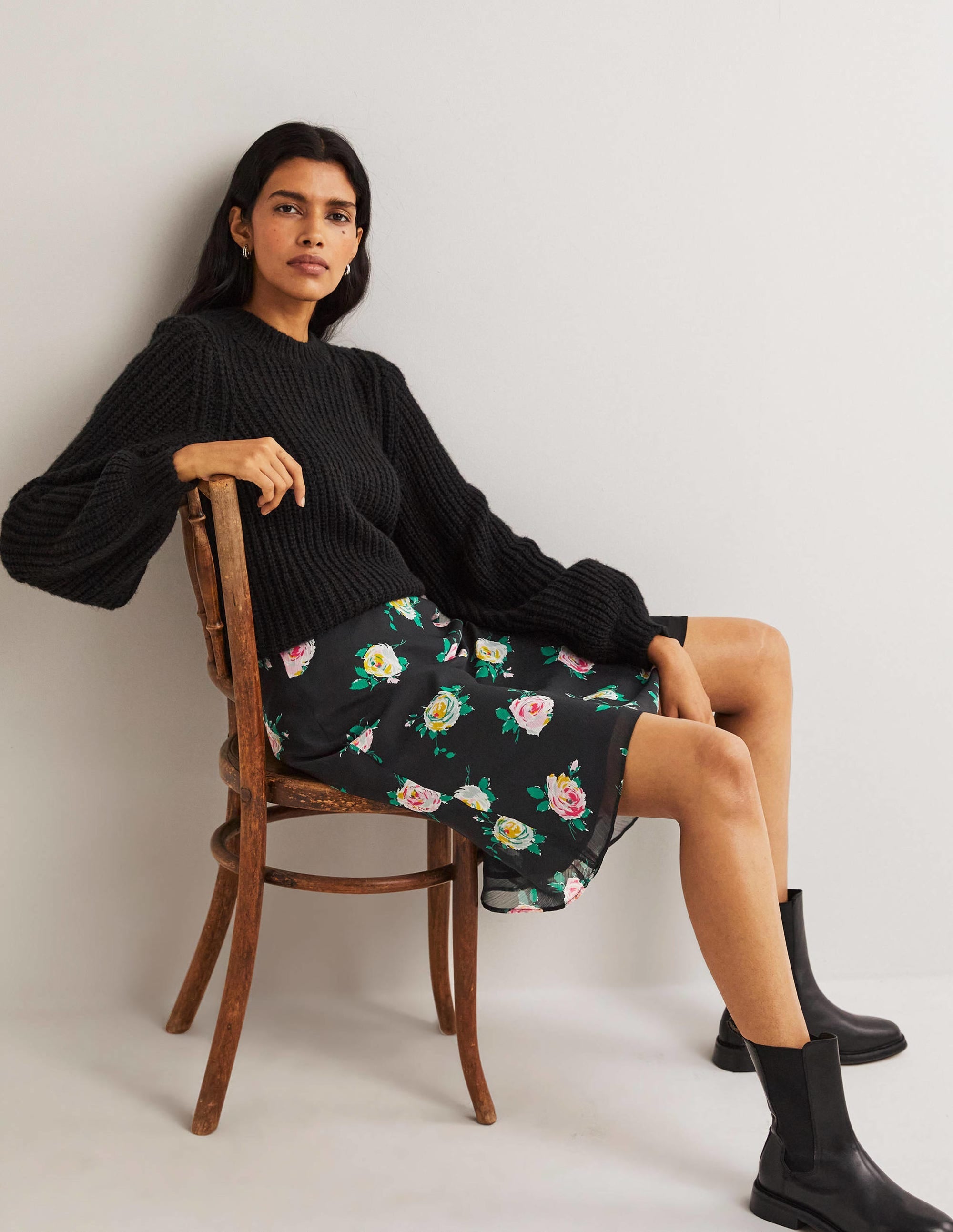 Crinkle Bias-cut Skirt-Black, Painterly Rose - Image 1