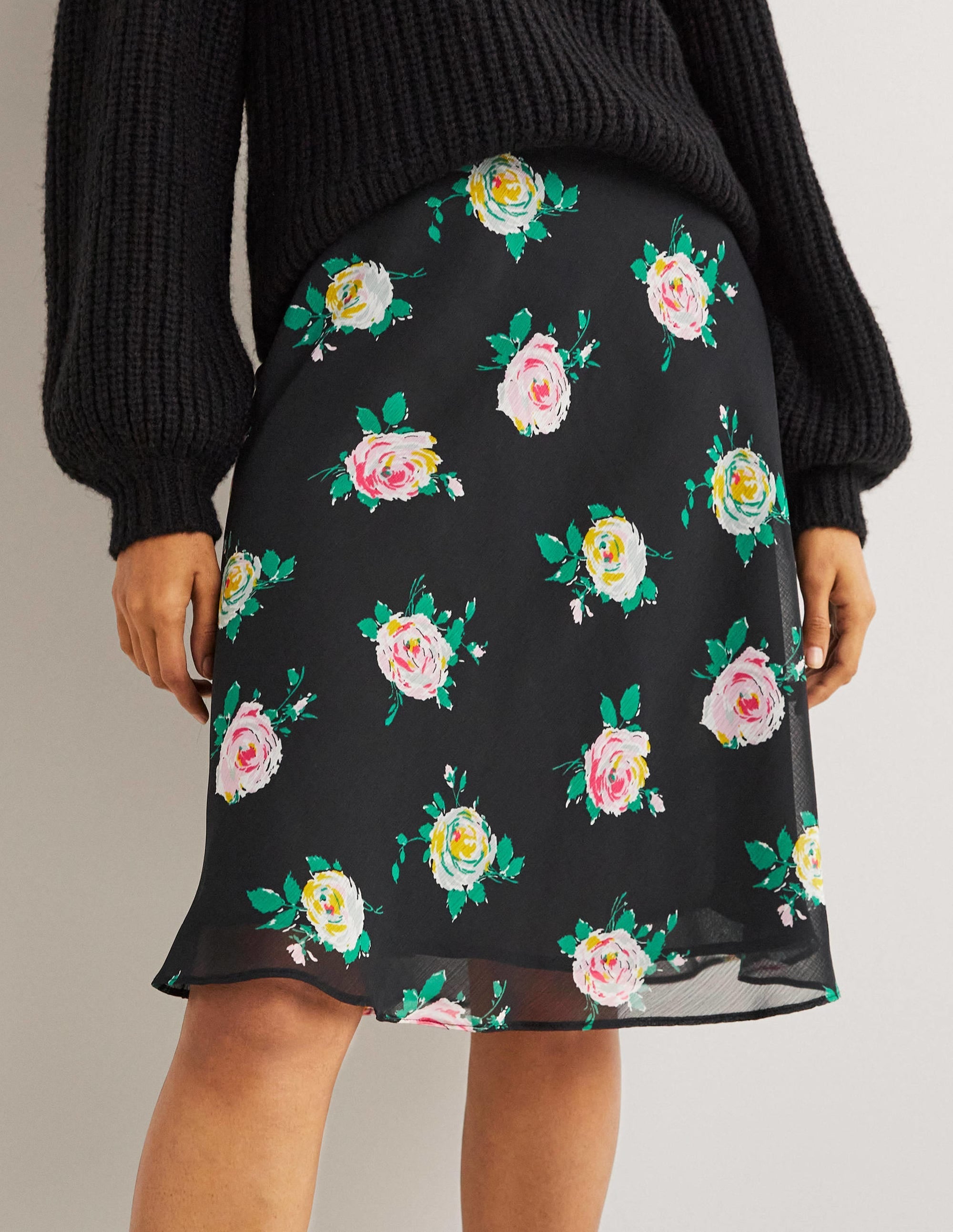 Crinkle Bias-cut Skirt-Black, Painterly Rose - Image 4