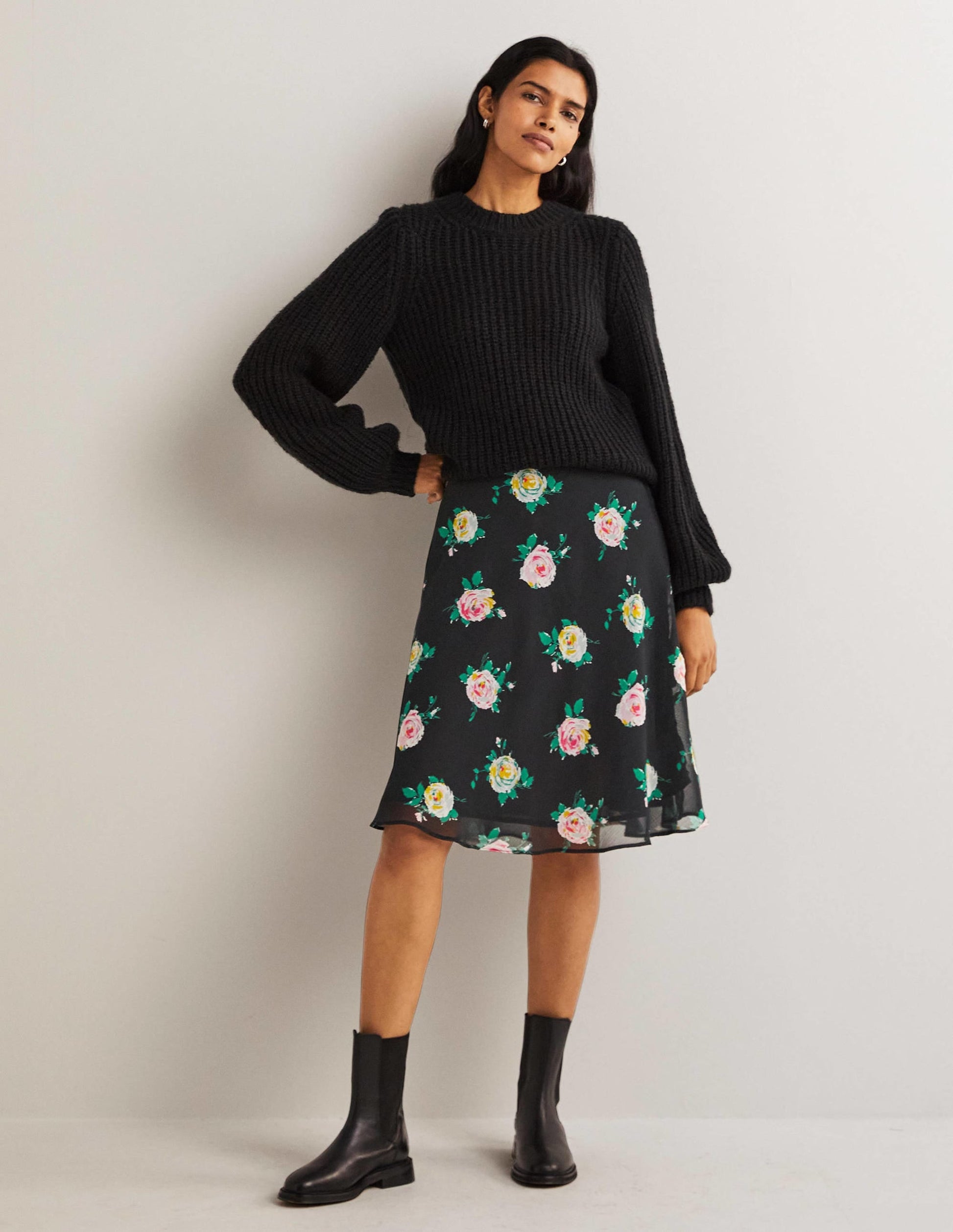 Crinkle Bias-cut Skirt-Black, Painterly Rose-5