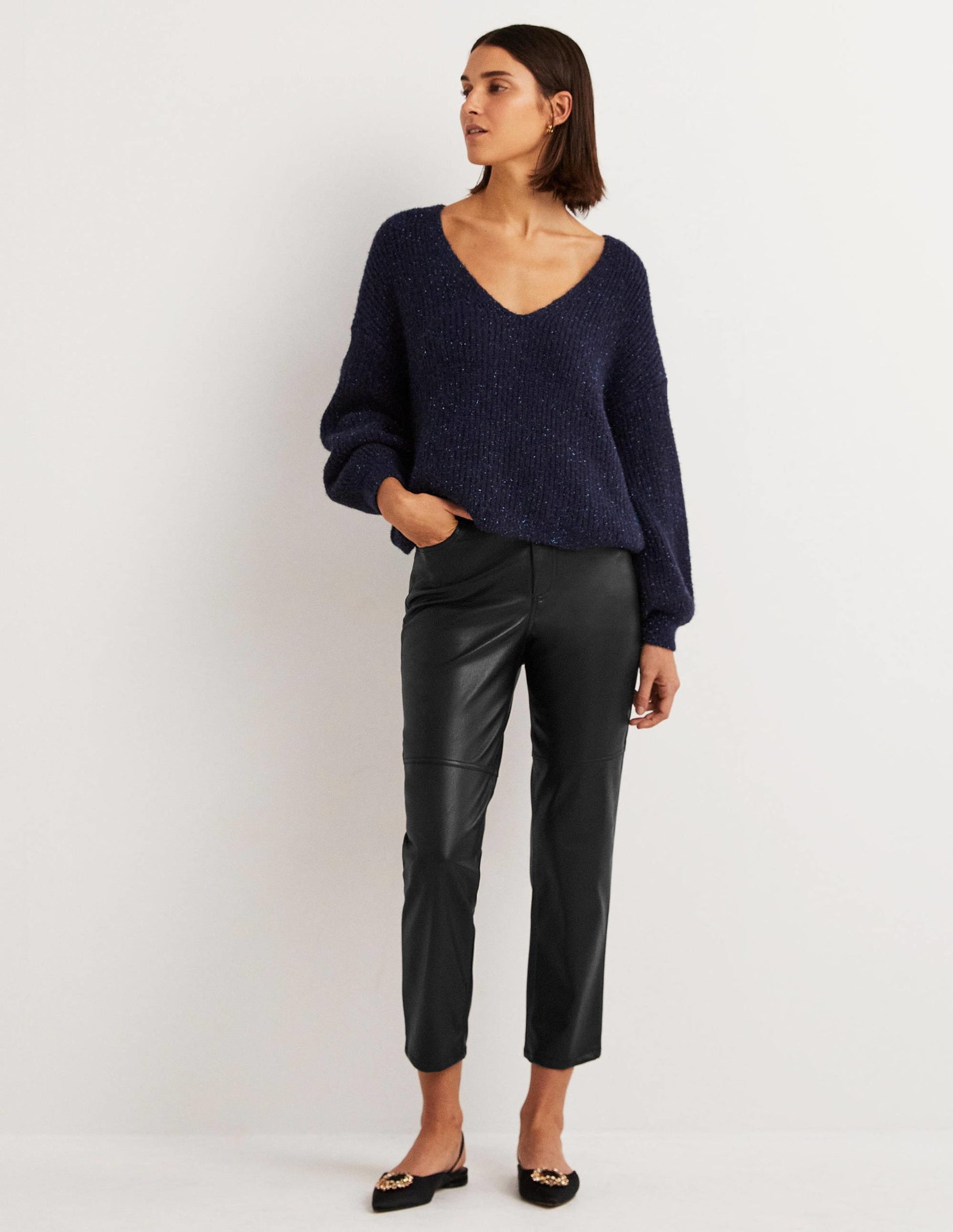 Faux Leather Straight Trousers-Black-1