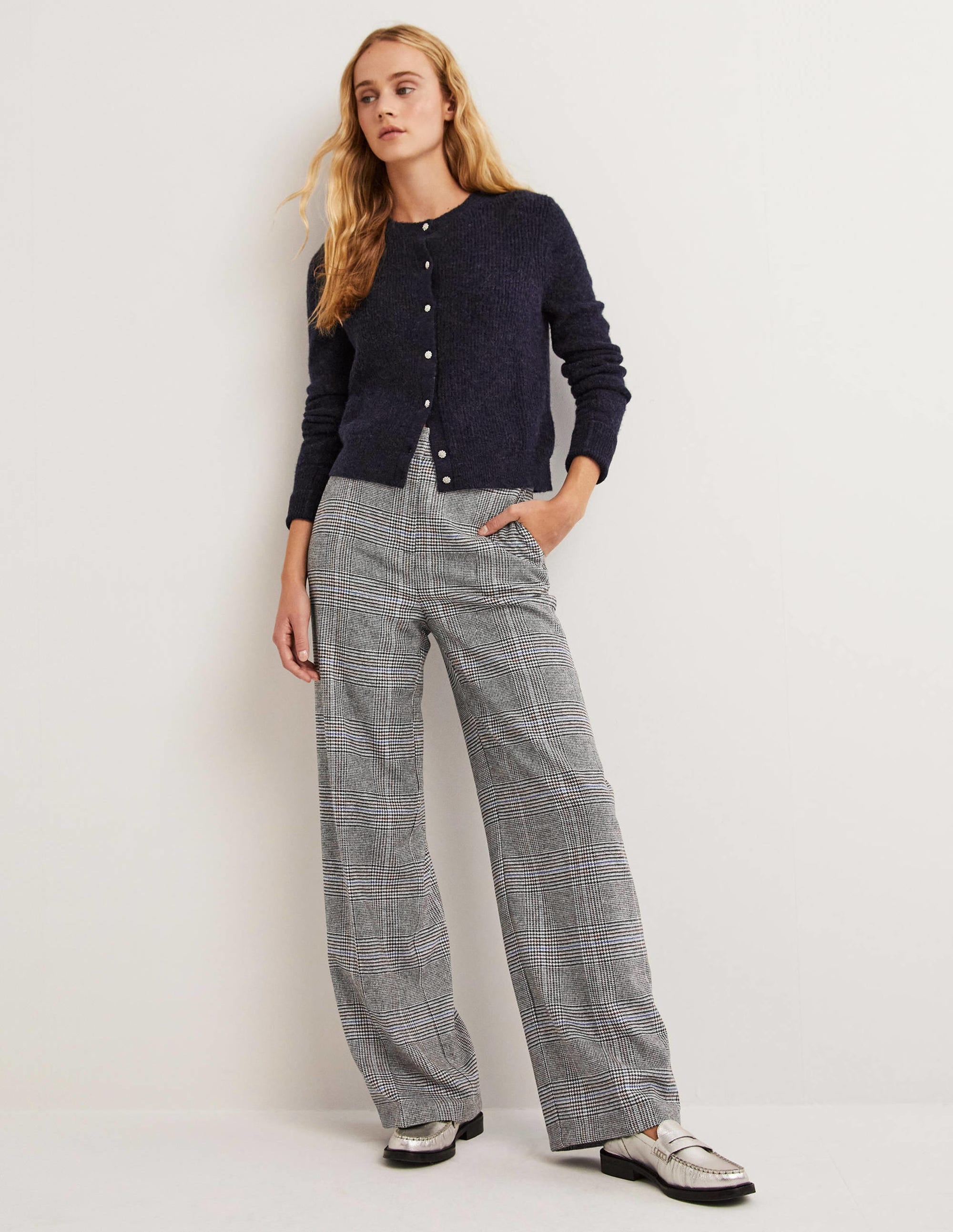 Wool Wide Leg Trousers-Charcoal Check - Image 1