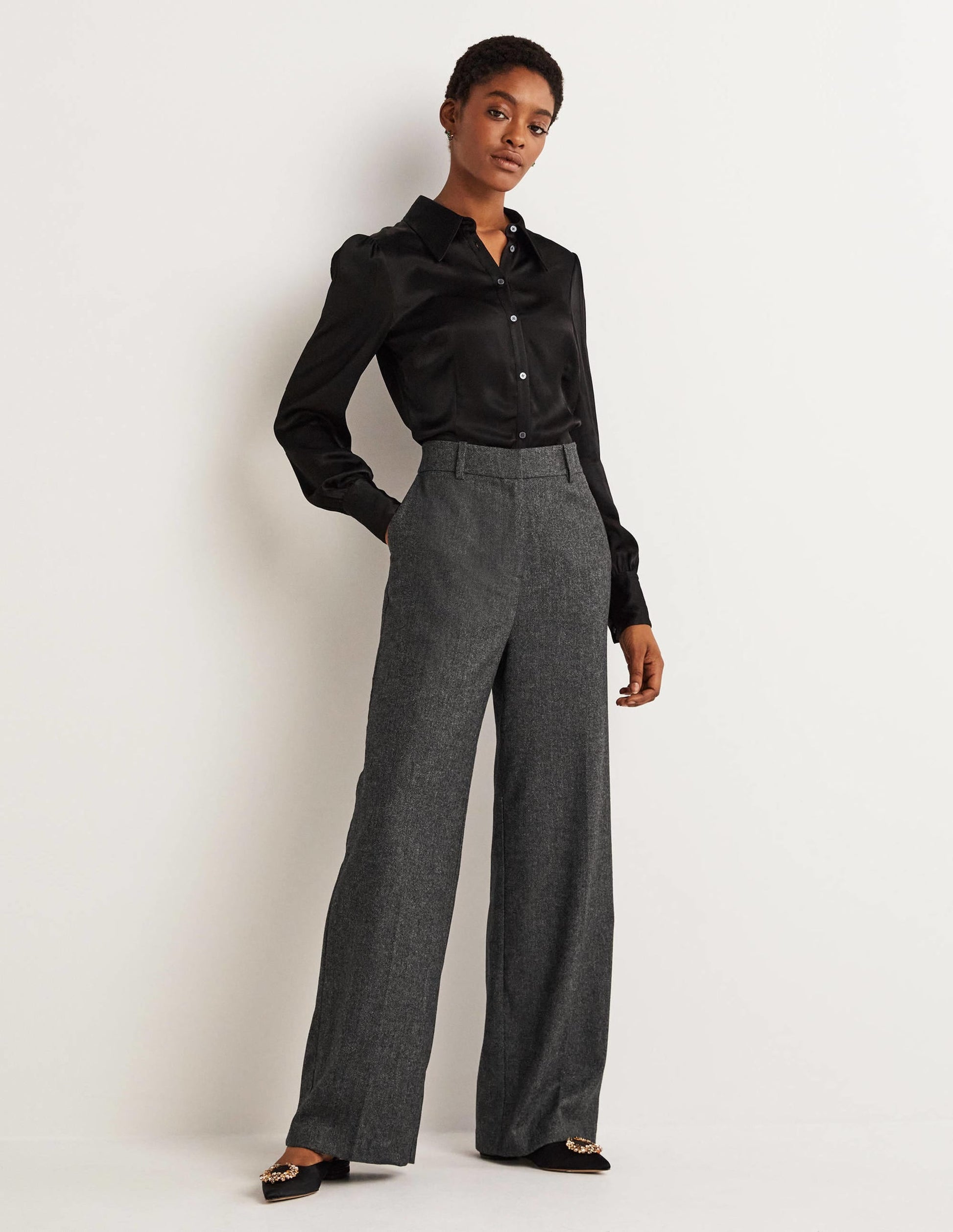 Wool Wide Leg Trousers-Grey Herringbone-1