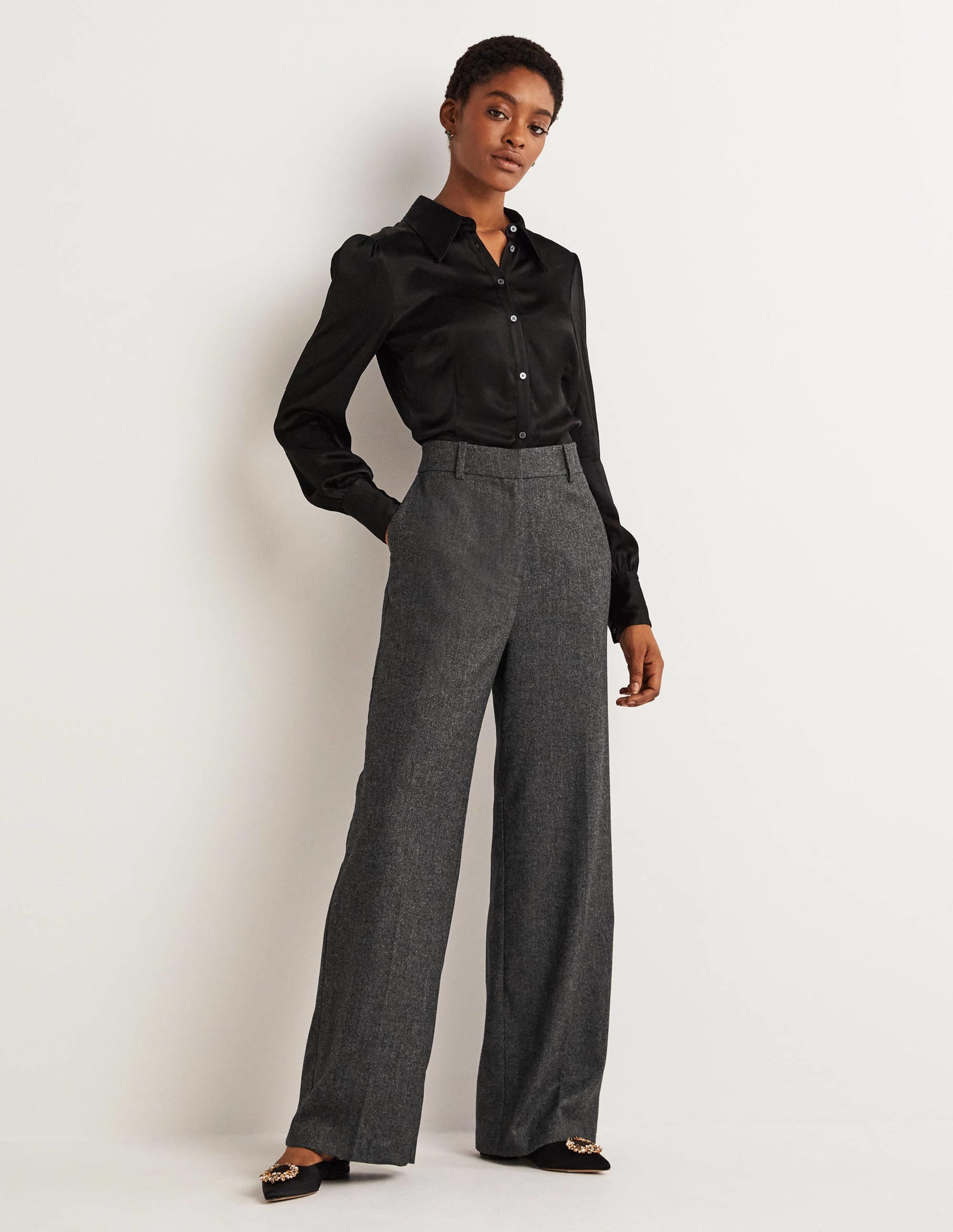 Wool Wide Leg Trousers-Grey Herringbone - Image 1