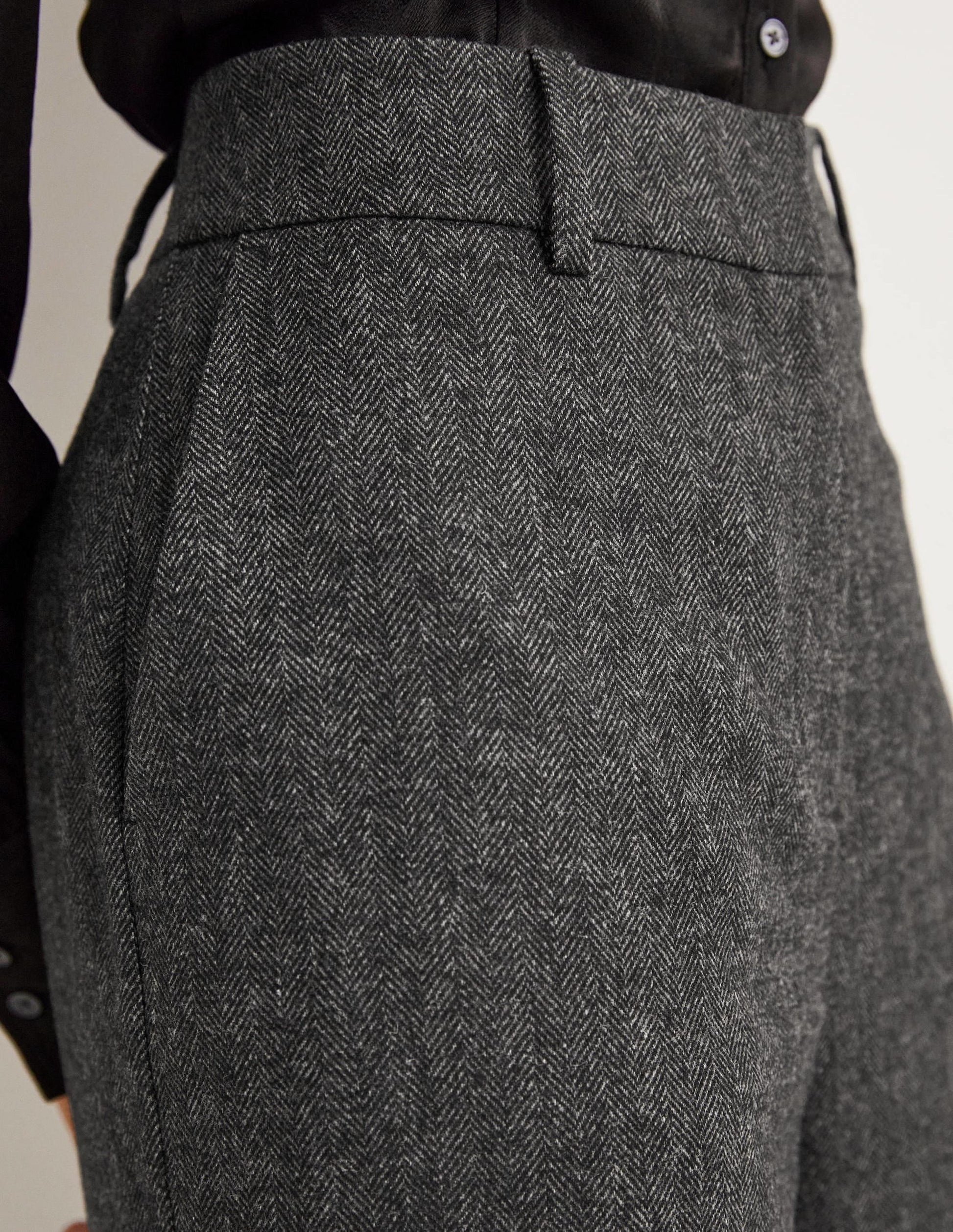 Wool Wide Leg Trousers-Grey Herringbone-2