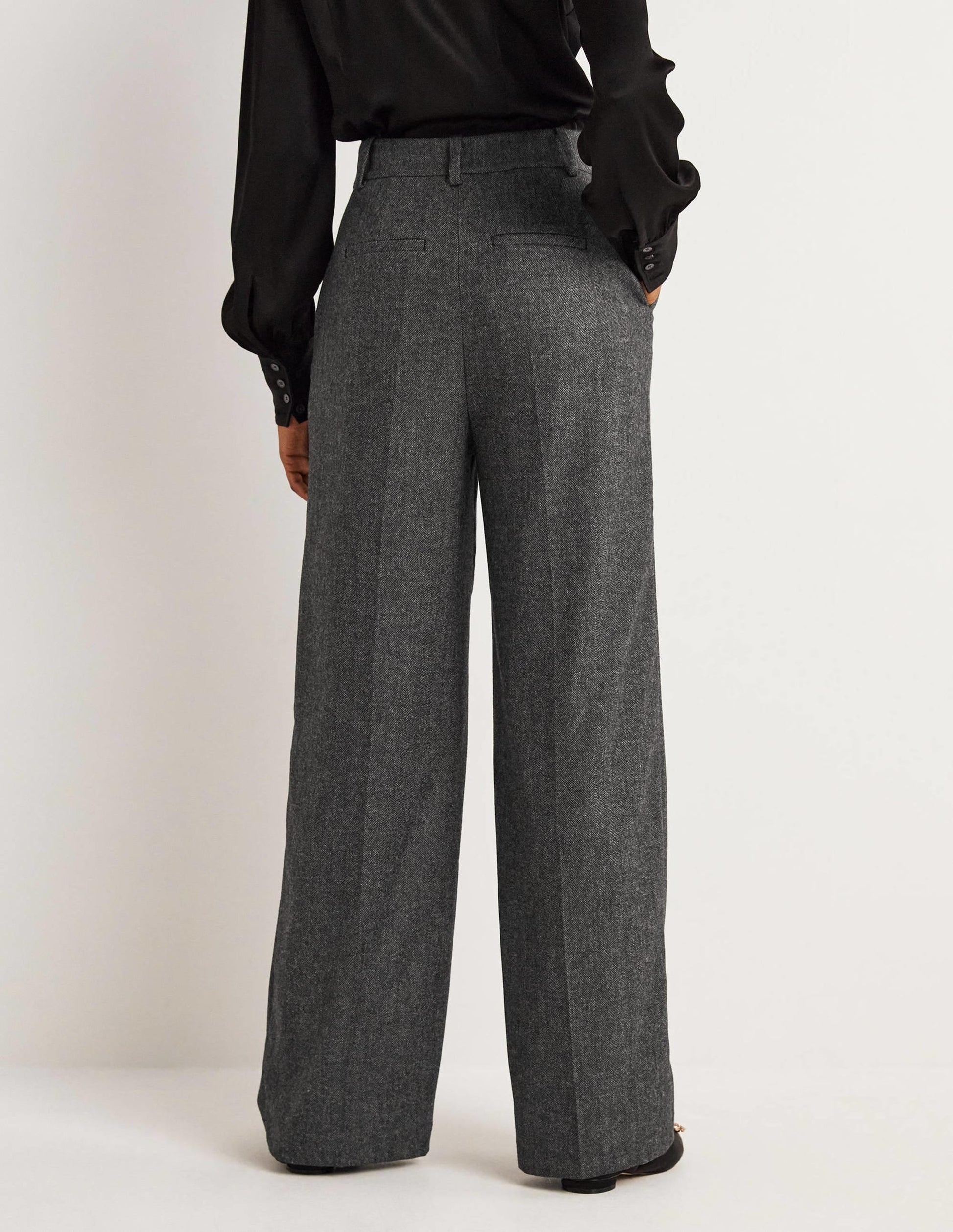 Wool Wide Leg Trousers-Grey Herringbone-3