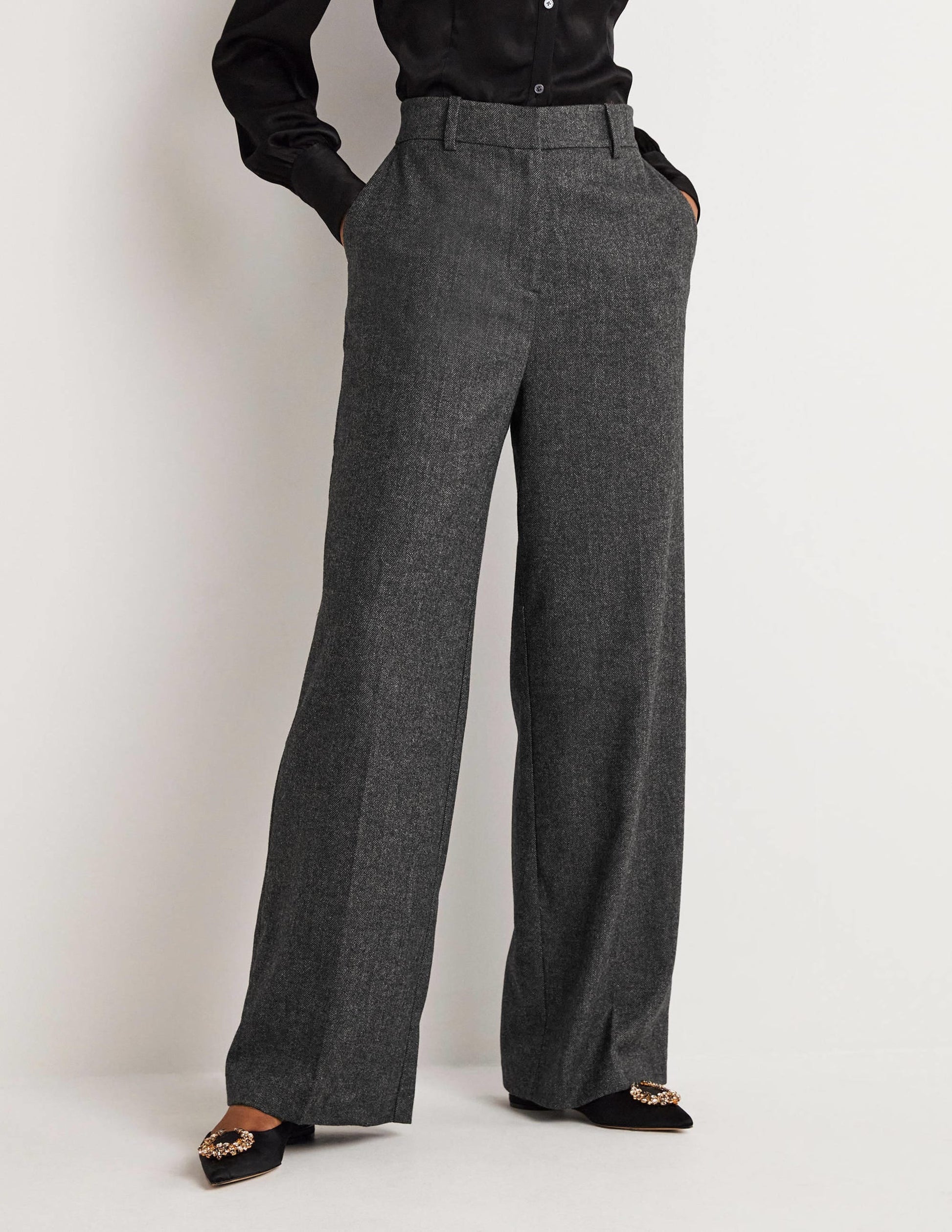 Wool Wide Leg Trousers-Grey Herringbone-4