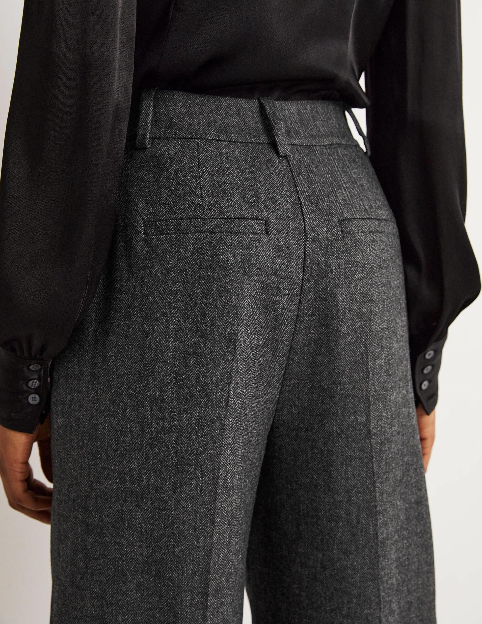 Wool Wide Leg Trousers-Grey Herringbone-5