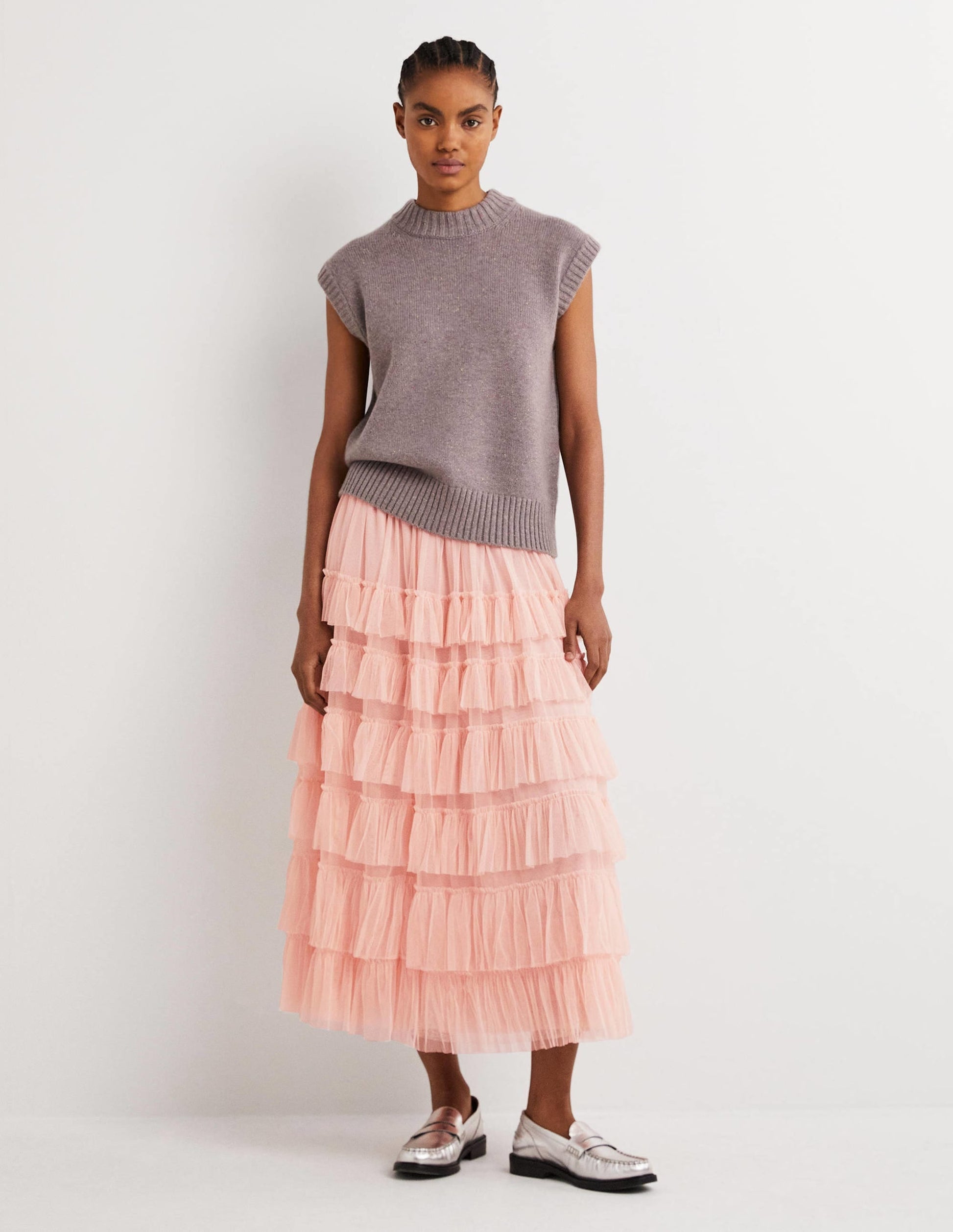 Pink Ruffle Tulle Midi Skirt-Antique Rose-1