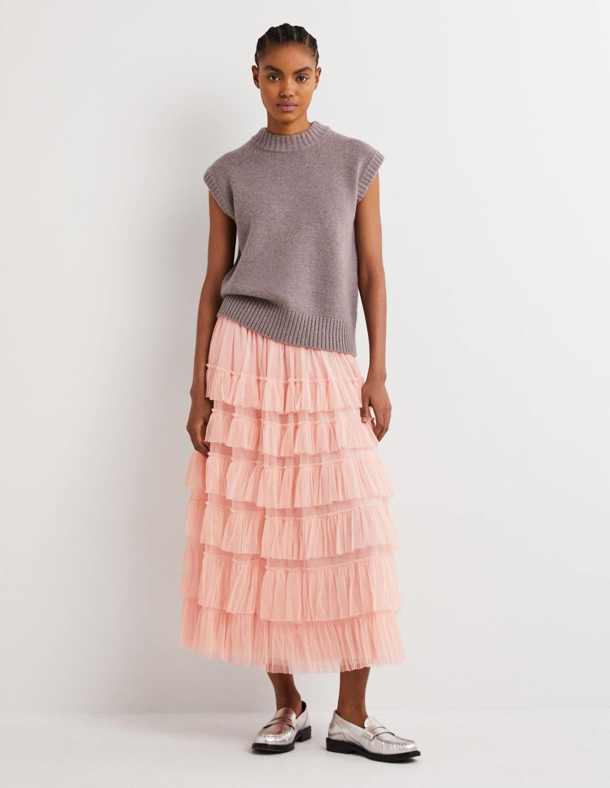 Pink Ruffle Tulle Midi Skirt-Antique Rose - Image 1