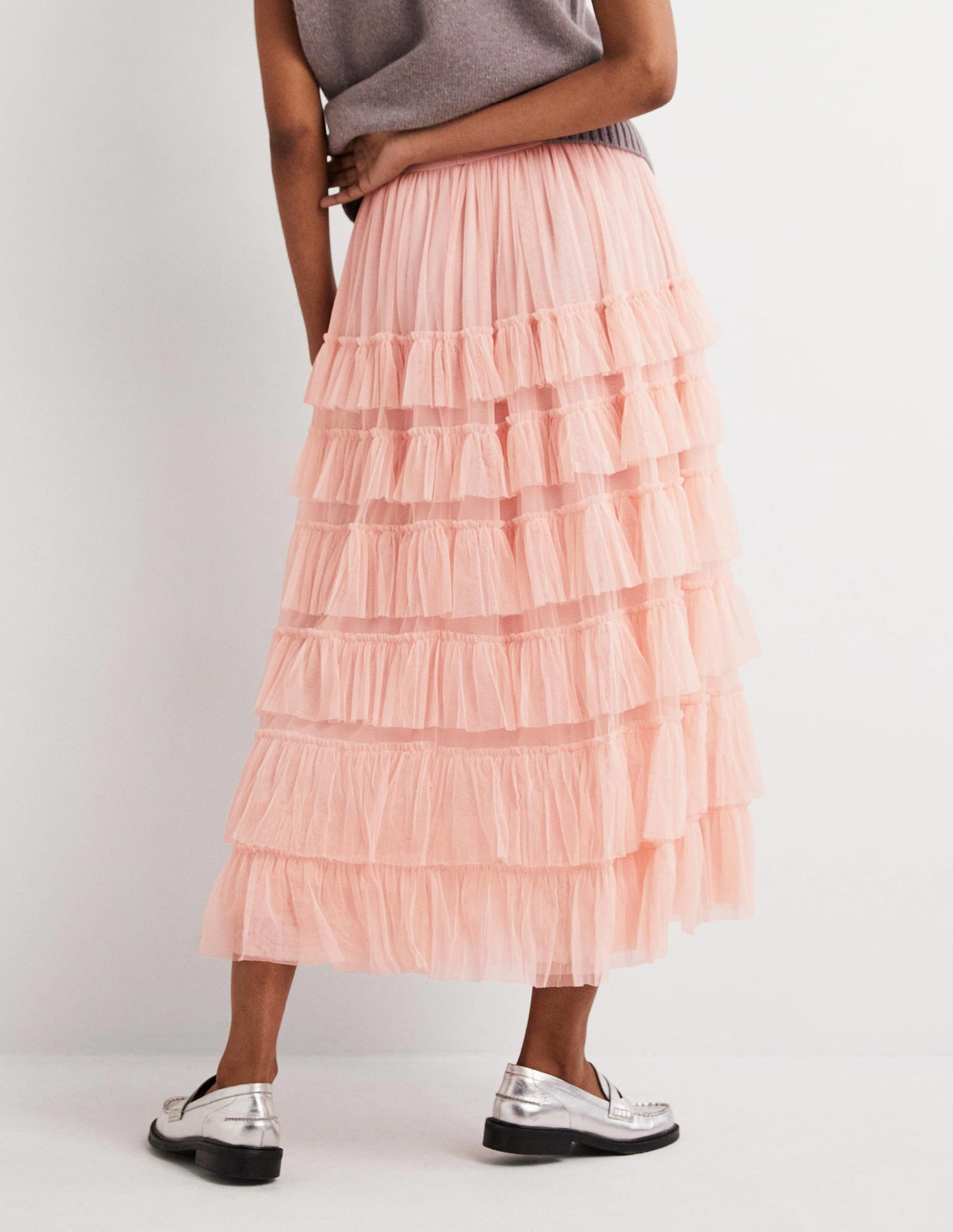 Pink Ruffle Tulle Midi Skirt-Antique Rose-3