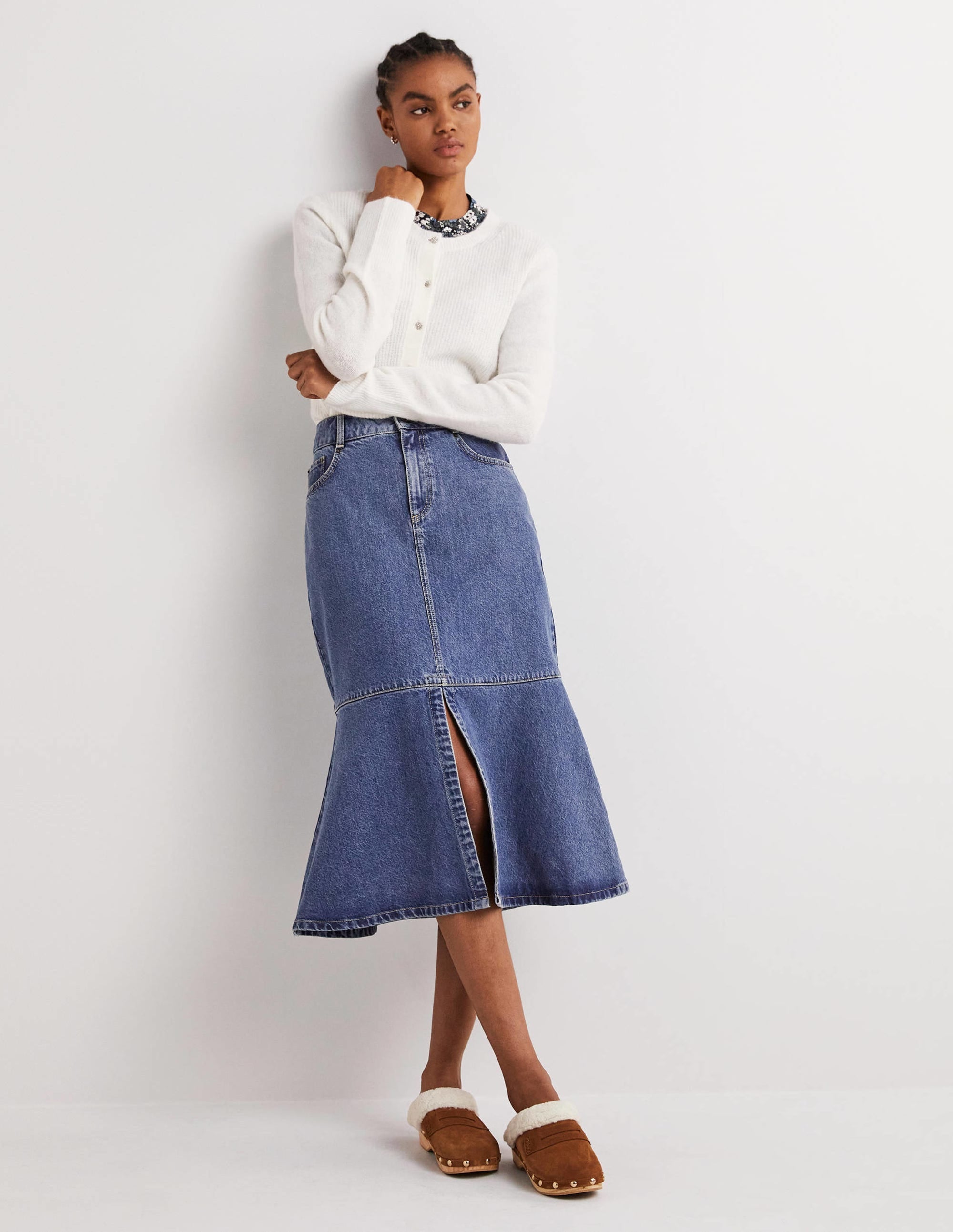 Flared Denim Midi Skirt-Light Vintage - Image 1