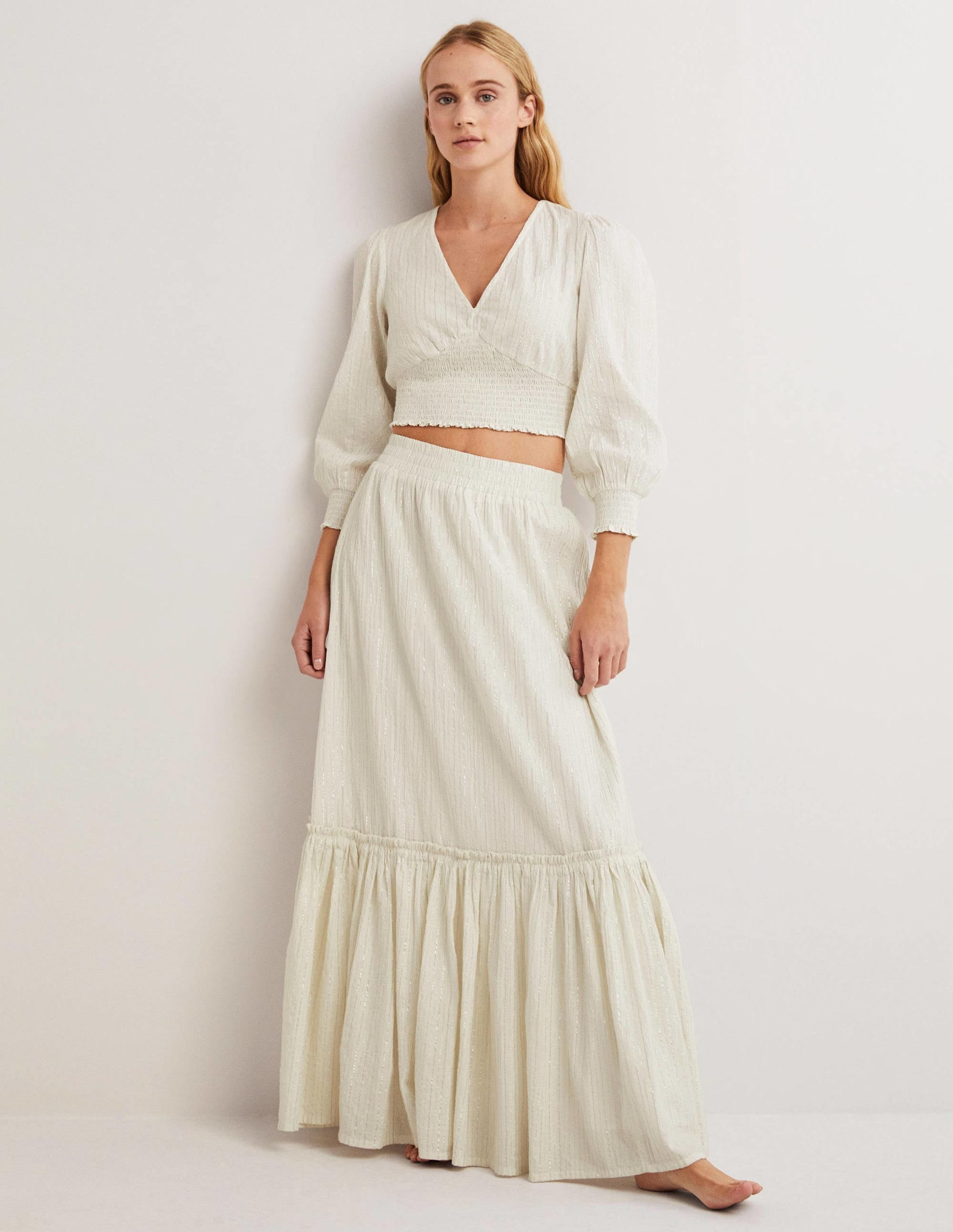 Cotton Metallic Maxi Skirt-Ivory Crinkle Lurex - Image 1