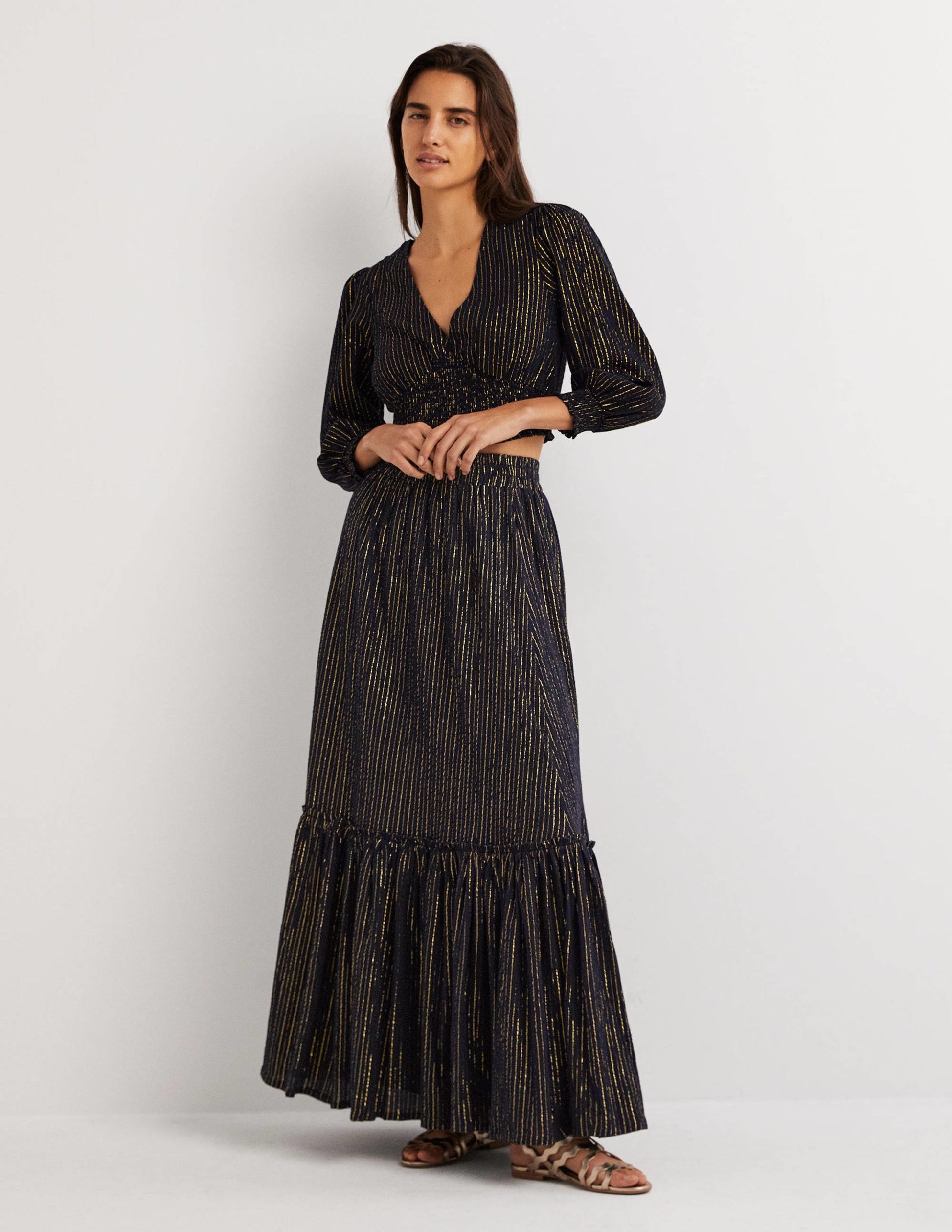 Cotton Metallic Maxi Skirt-Navy Crinkle Lurex-1