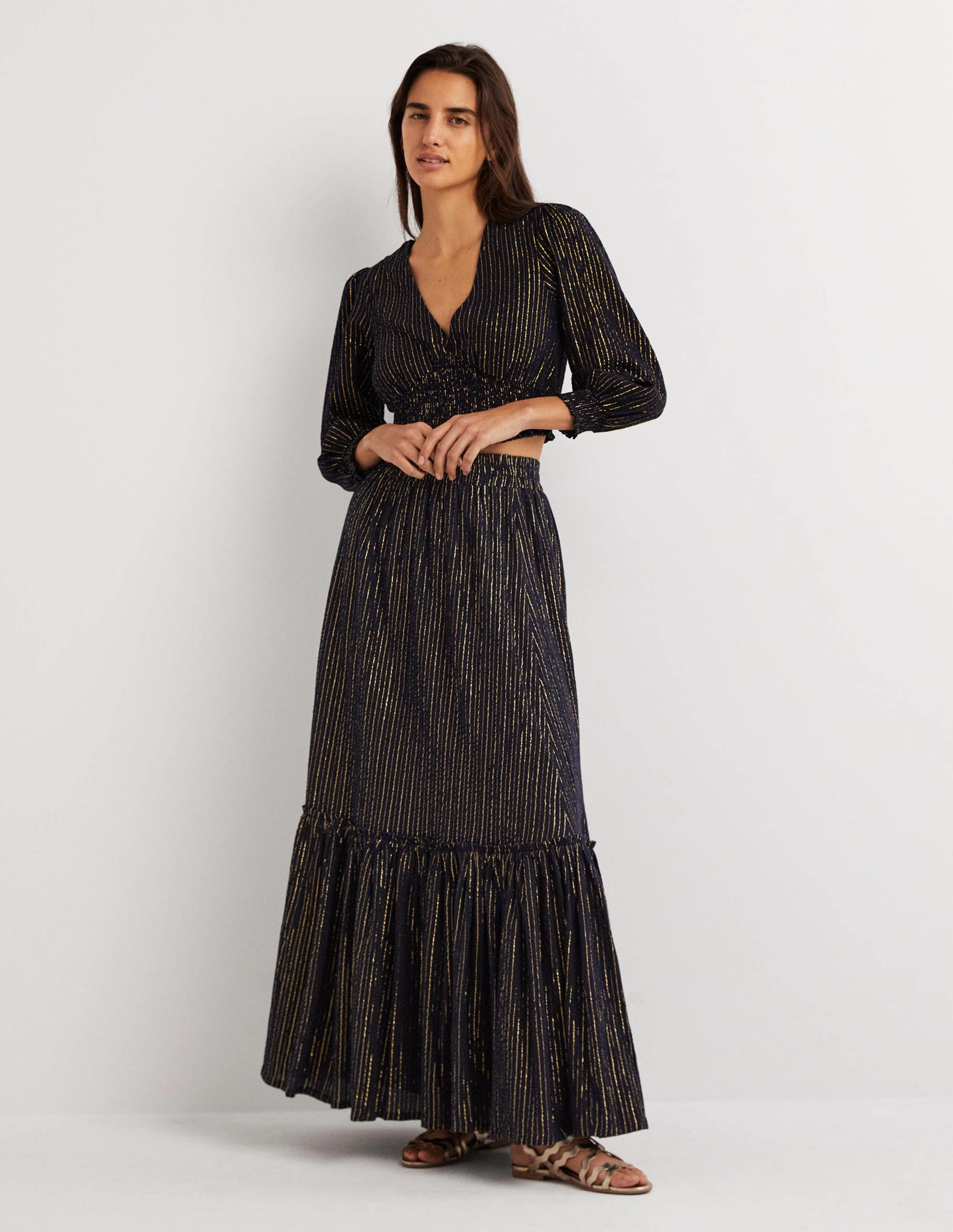Cotton Metallic Maxi Skirt-Navy Crinkle Lurex - Image 1