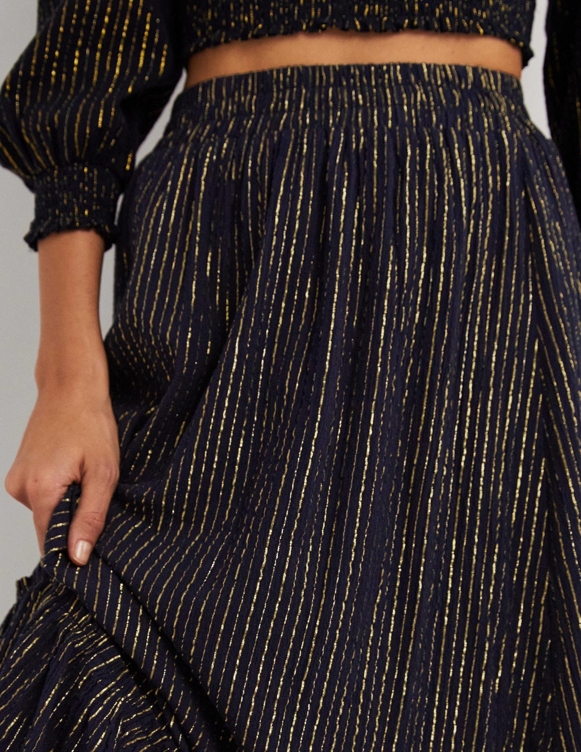 Cotton Metallic Maxi Skirt-Navy Crinkle Lurex-2