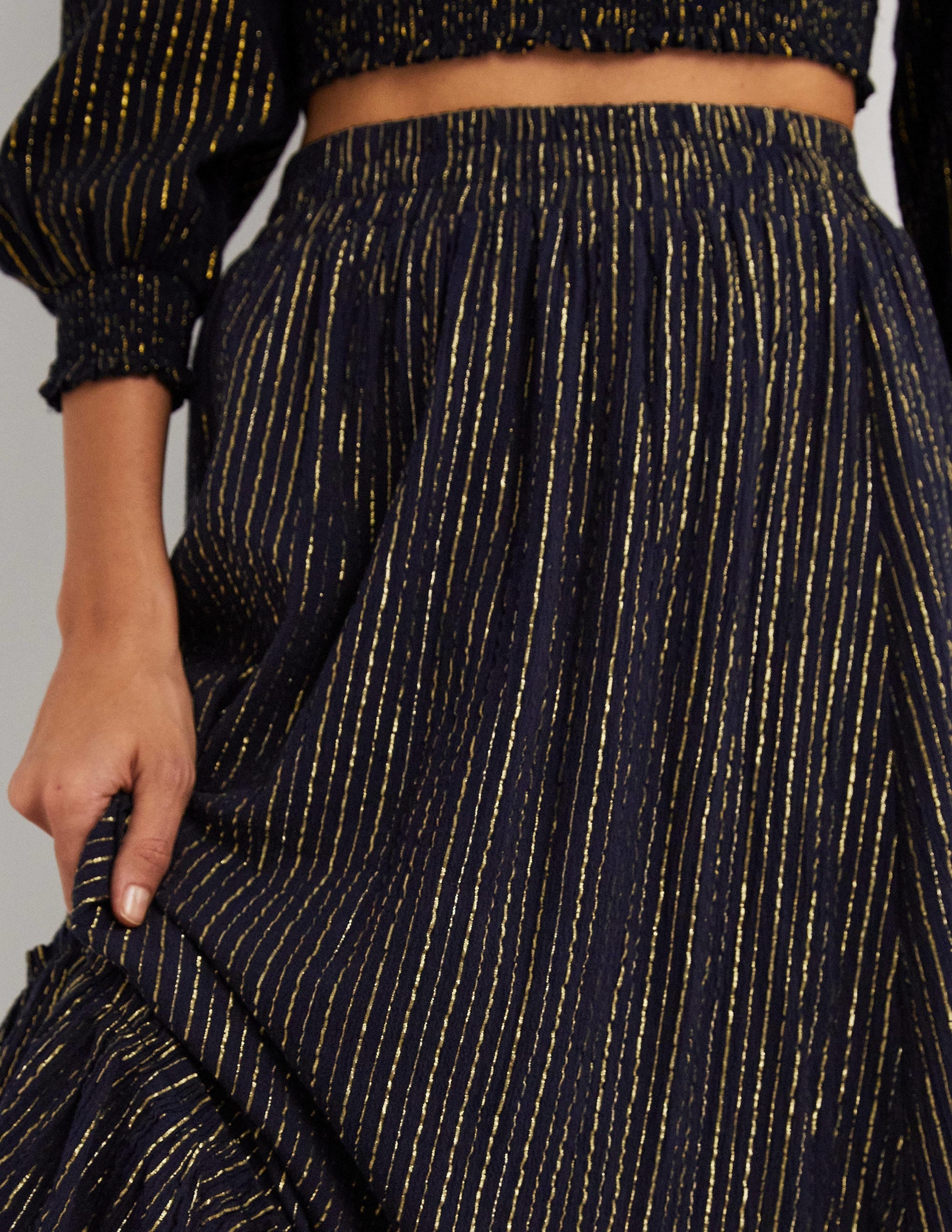 Cotton Metallic Maxi Skirt-Navy Crinkle Lurex - Image 2