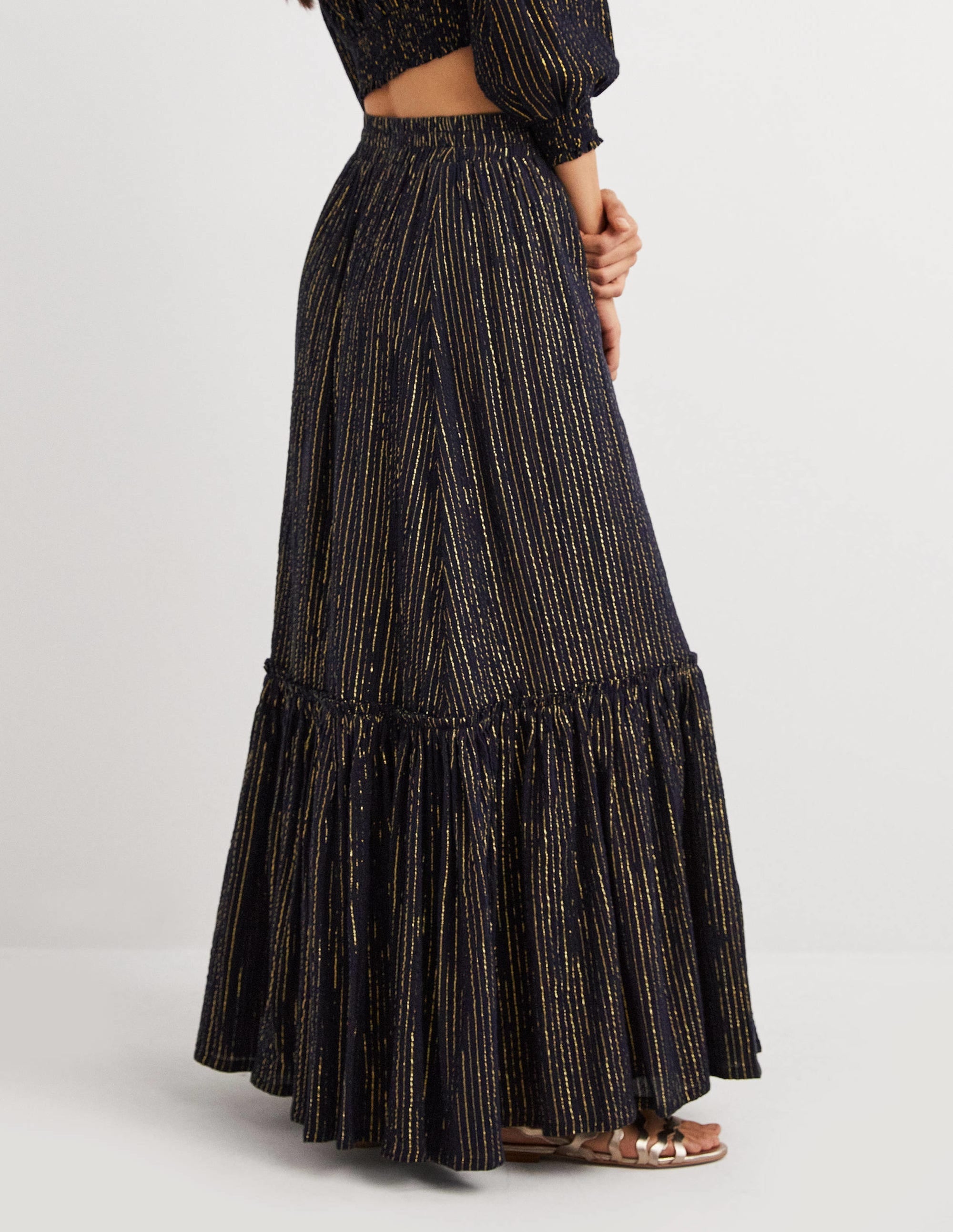Cotton Metallic Maxi Skirt-Navy Crinkle Lurex - Image 3