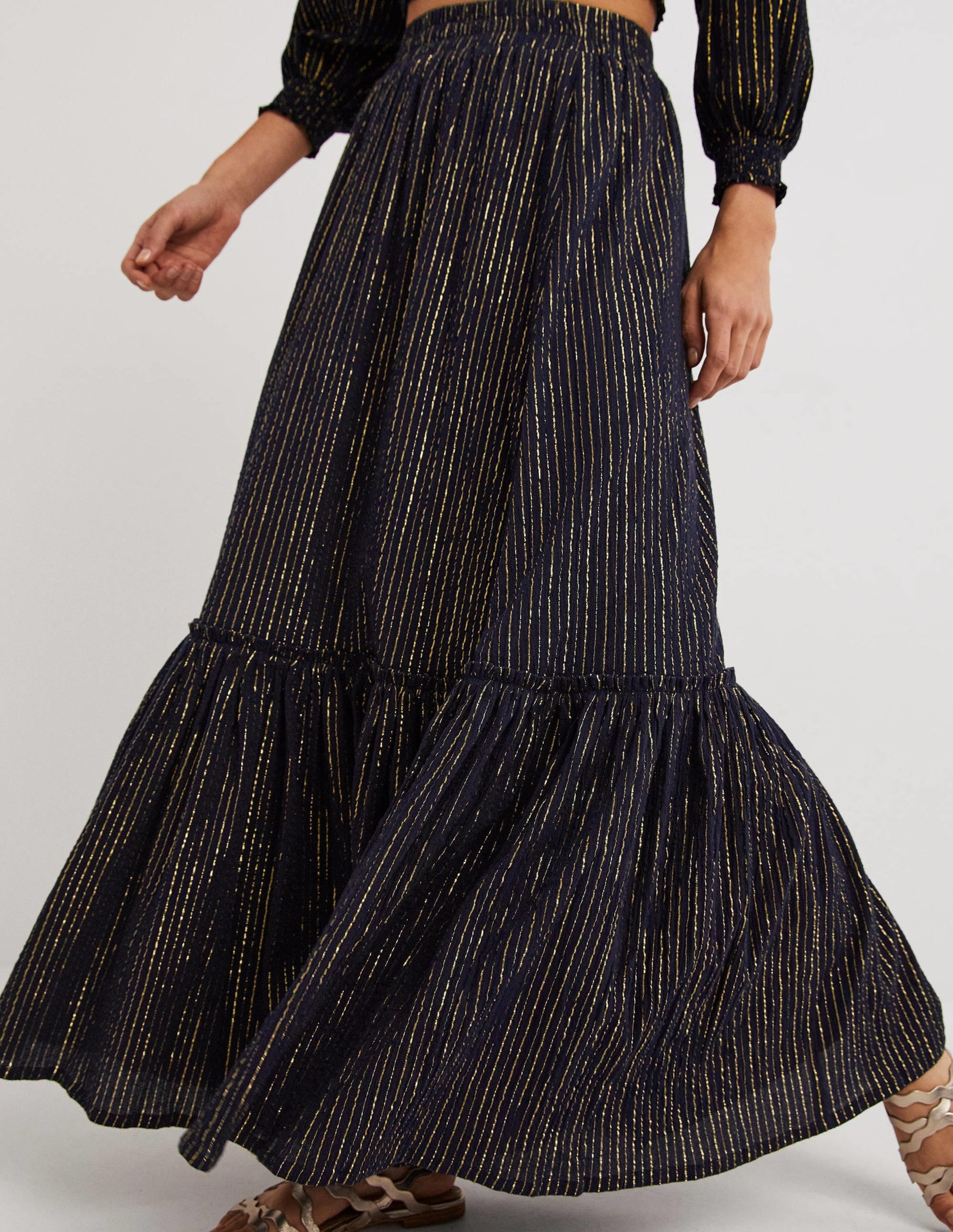 Cotton Metallic Maxi Skirt-Navy Crinkle Lurex - Image 4