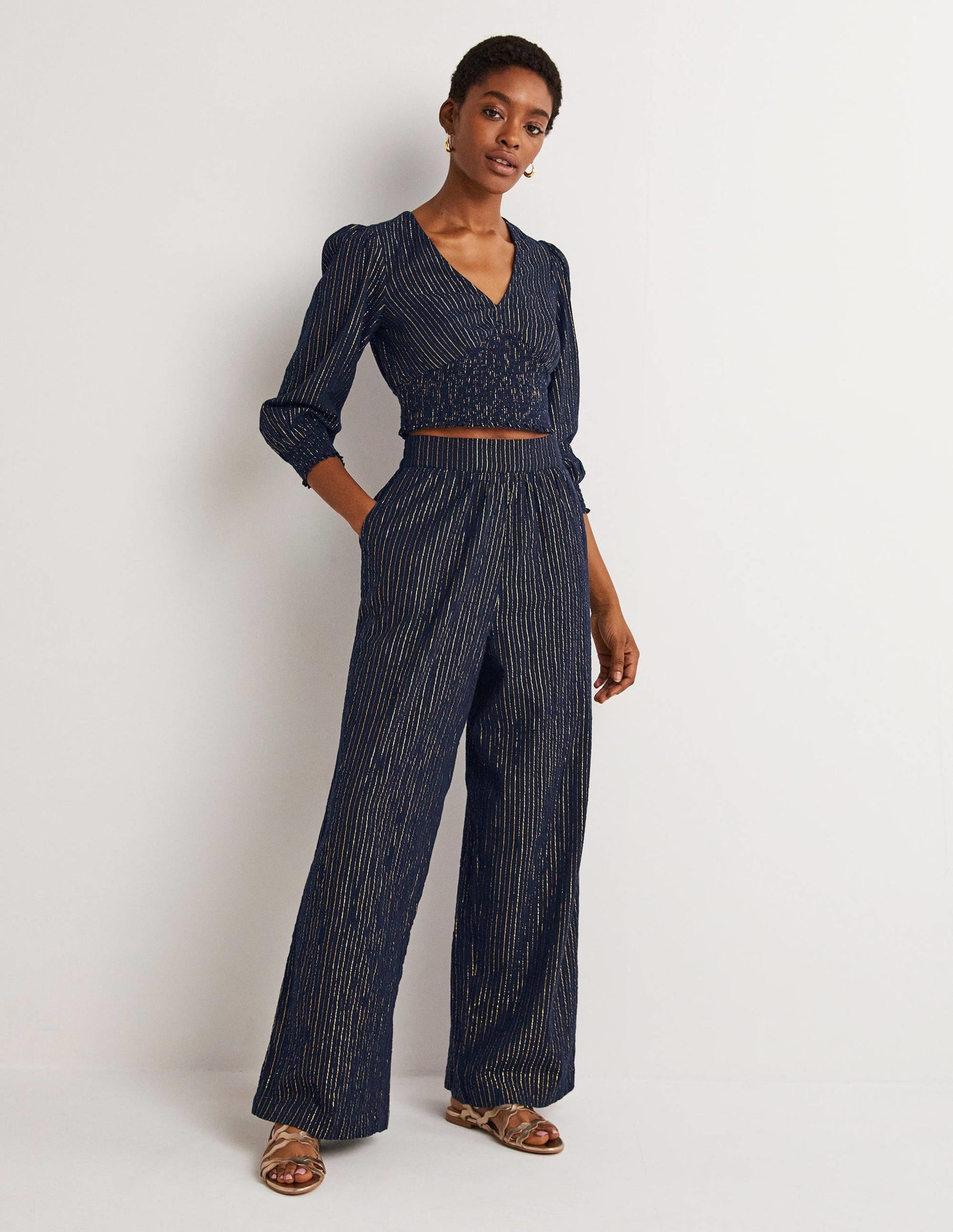Cotton Metallic Trousers-Navy Crinkle Lurex-1
