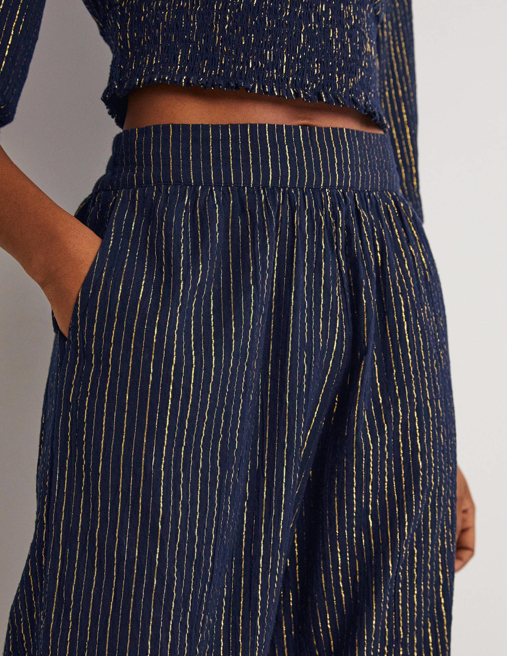 Cotton Metallic Trousers-Navy Crinkle Lurex - Image 2