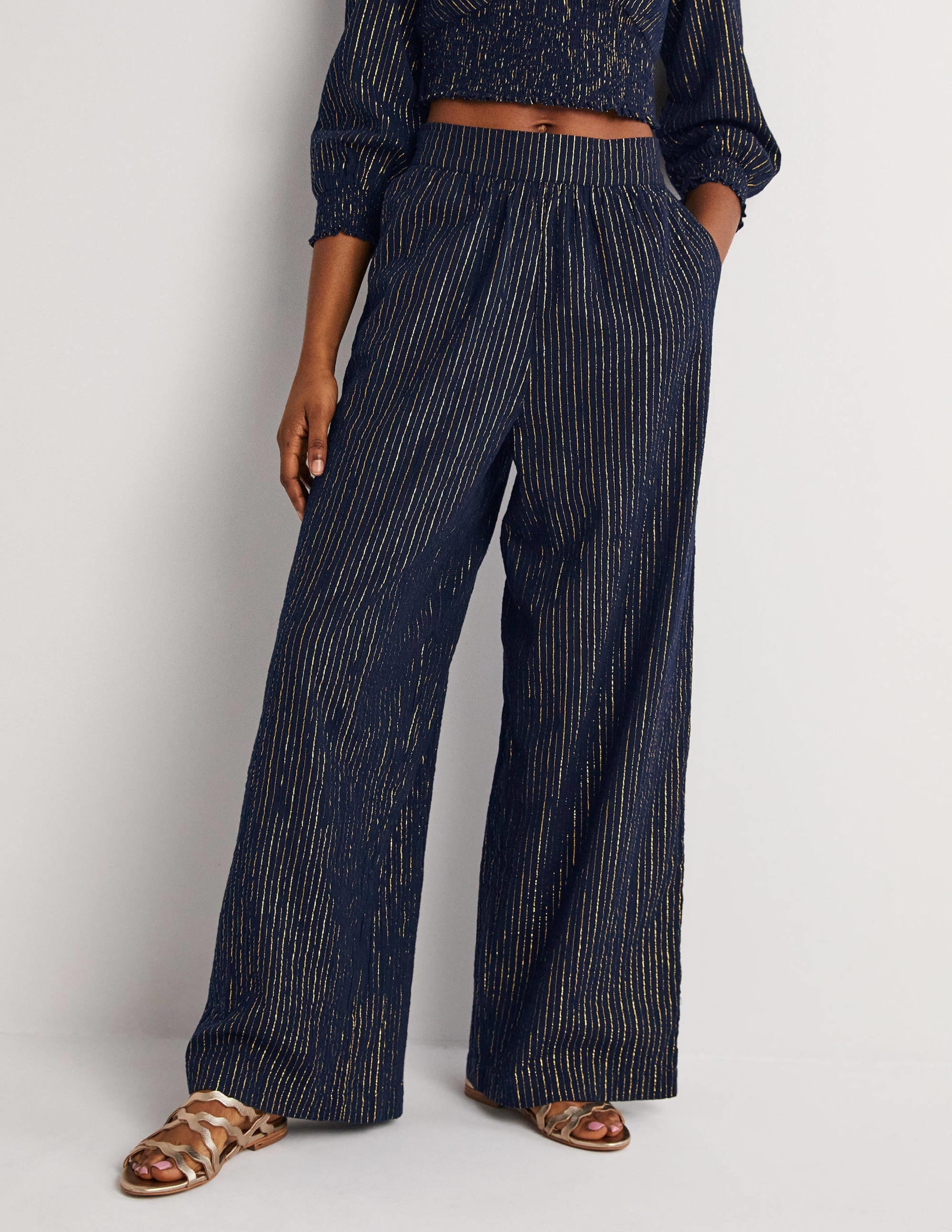 Cotton Metallic Trousers-Navy Crinkle Lurex - Image 4