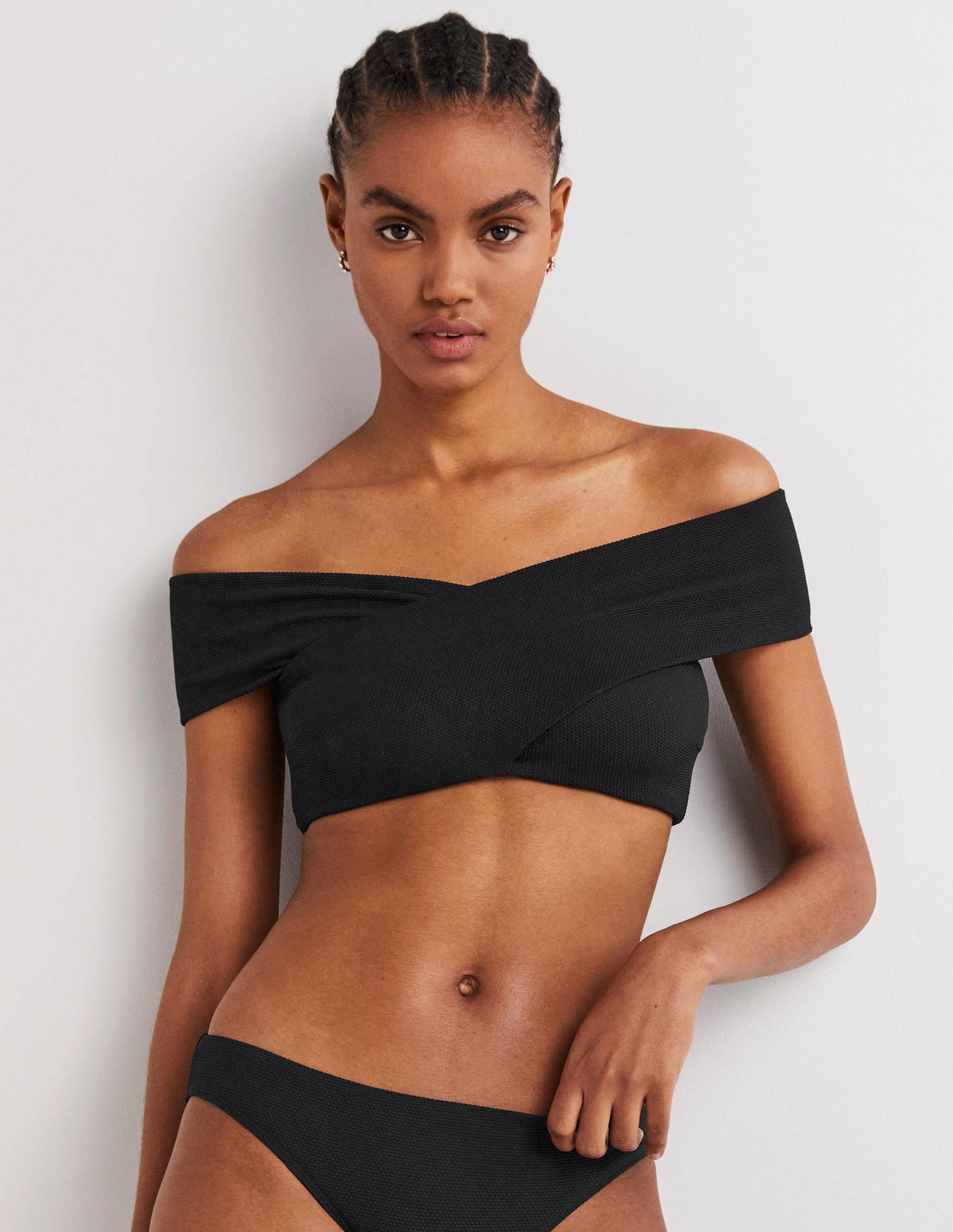 Cross Front Bardot Bikini Top-Textured Black-1