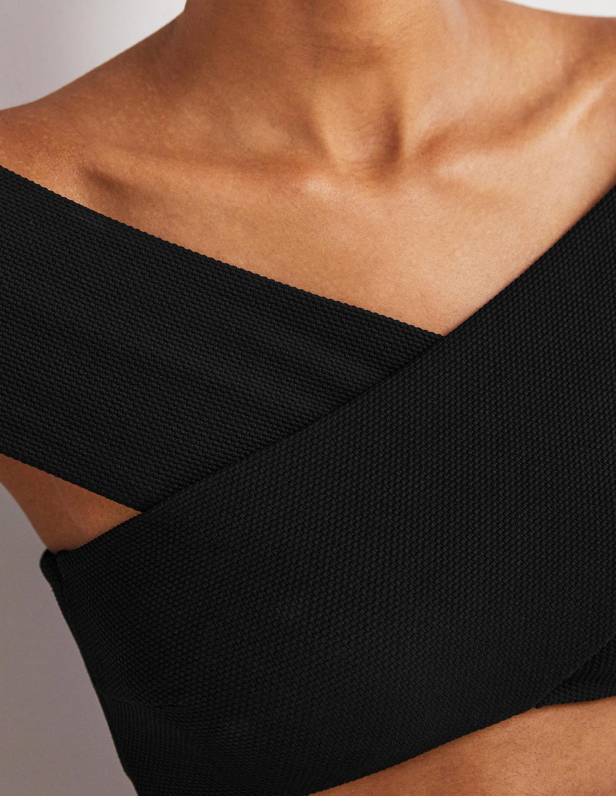 Cross Front Bardot Bikini Top-Textured Black - Image 2
