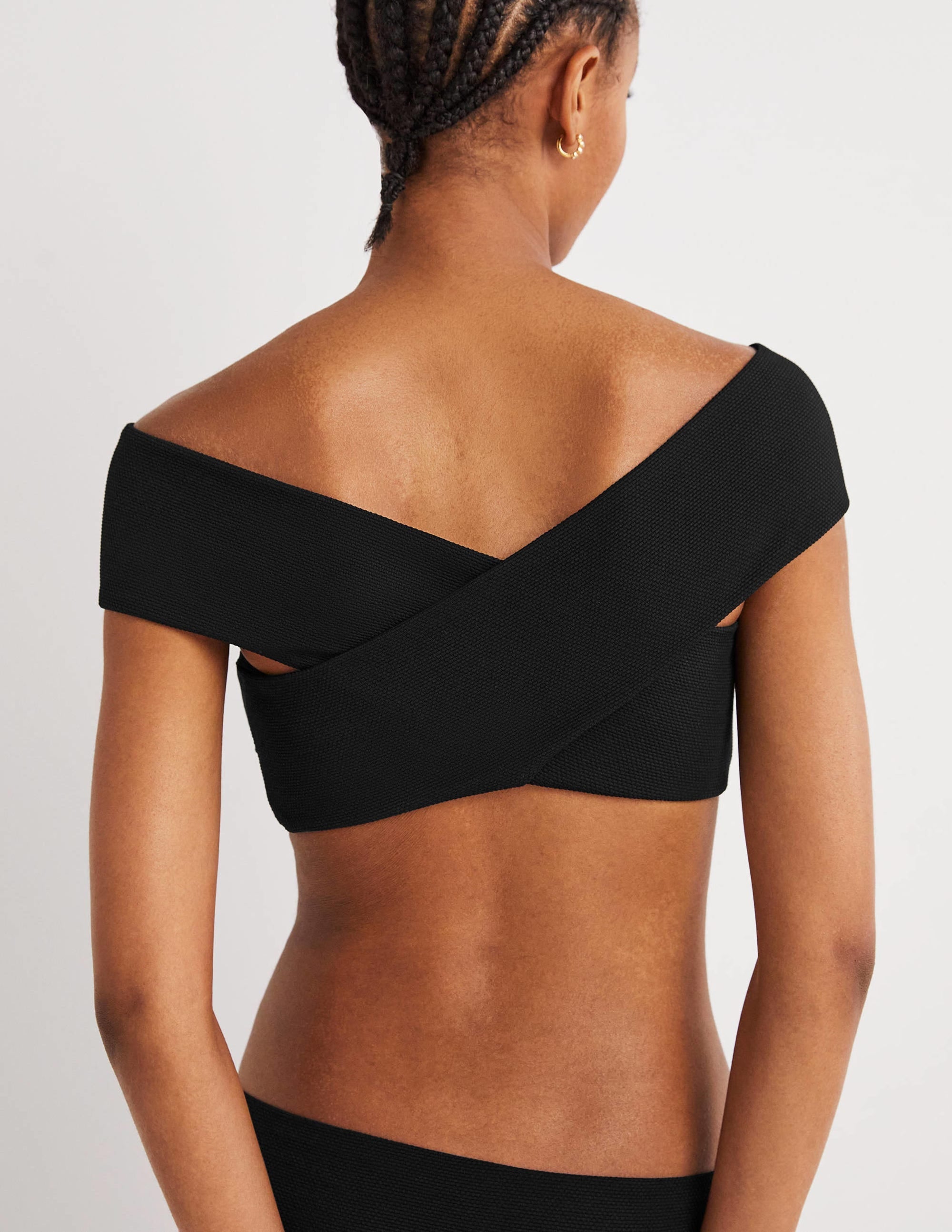 Cross Front Bardot Bikini Top-Textured Black - Image 3