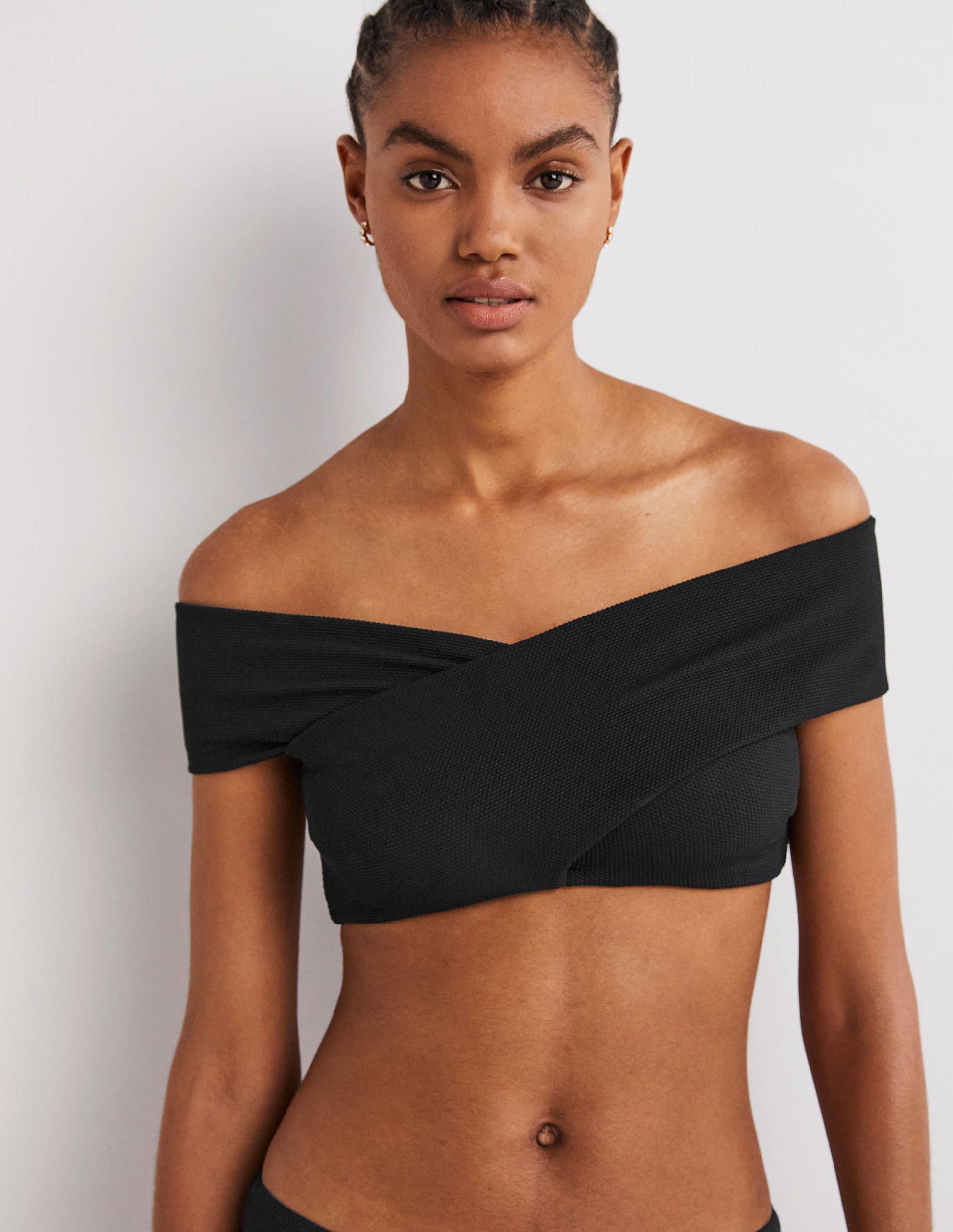 Cross Front Bardot Bikini Top-Textured Black-4