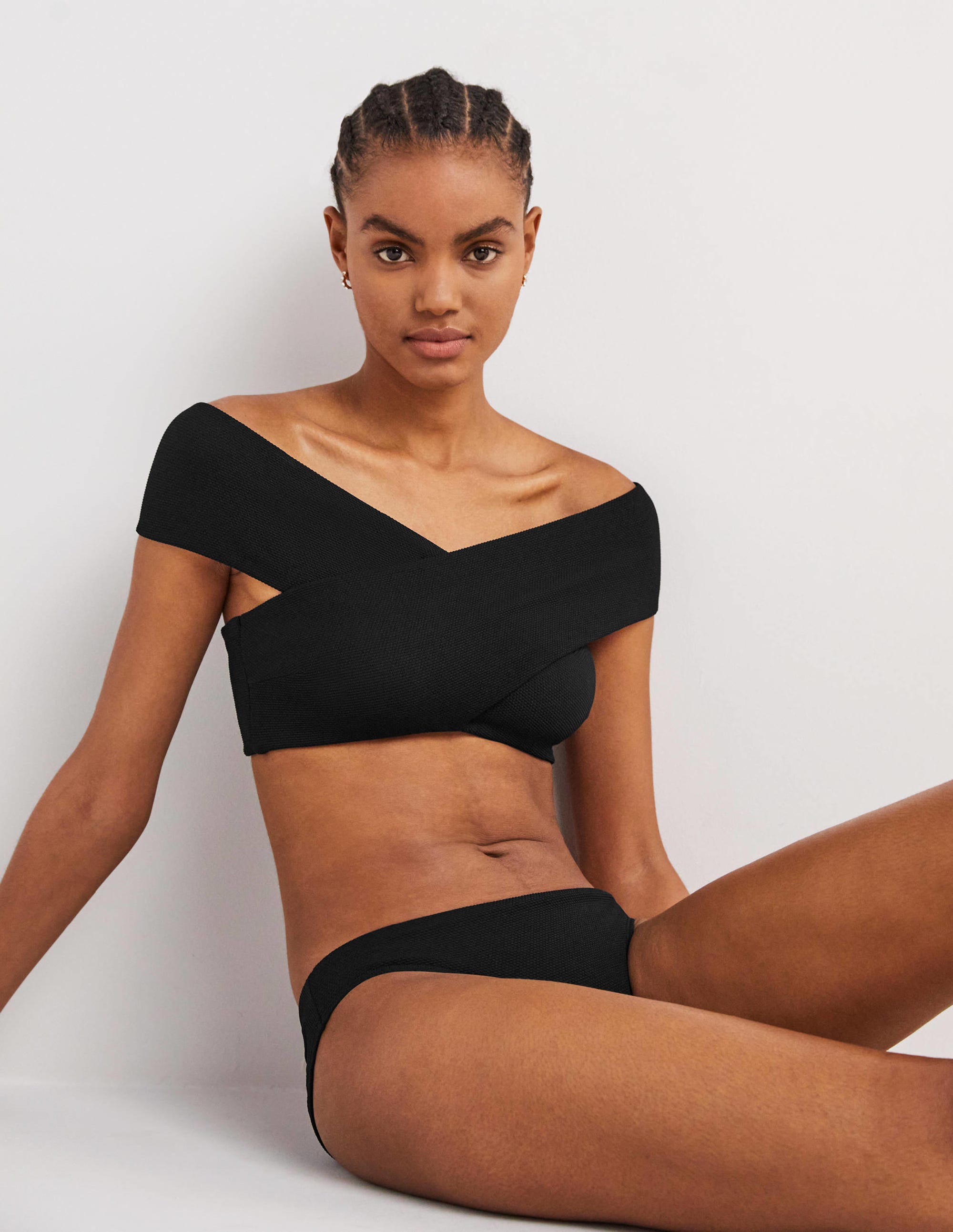 Cross Front Bardot Bikini Top-Textured Black - Image 5
