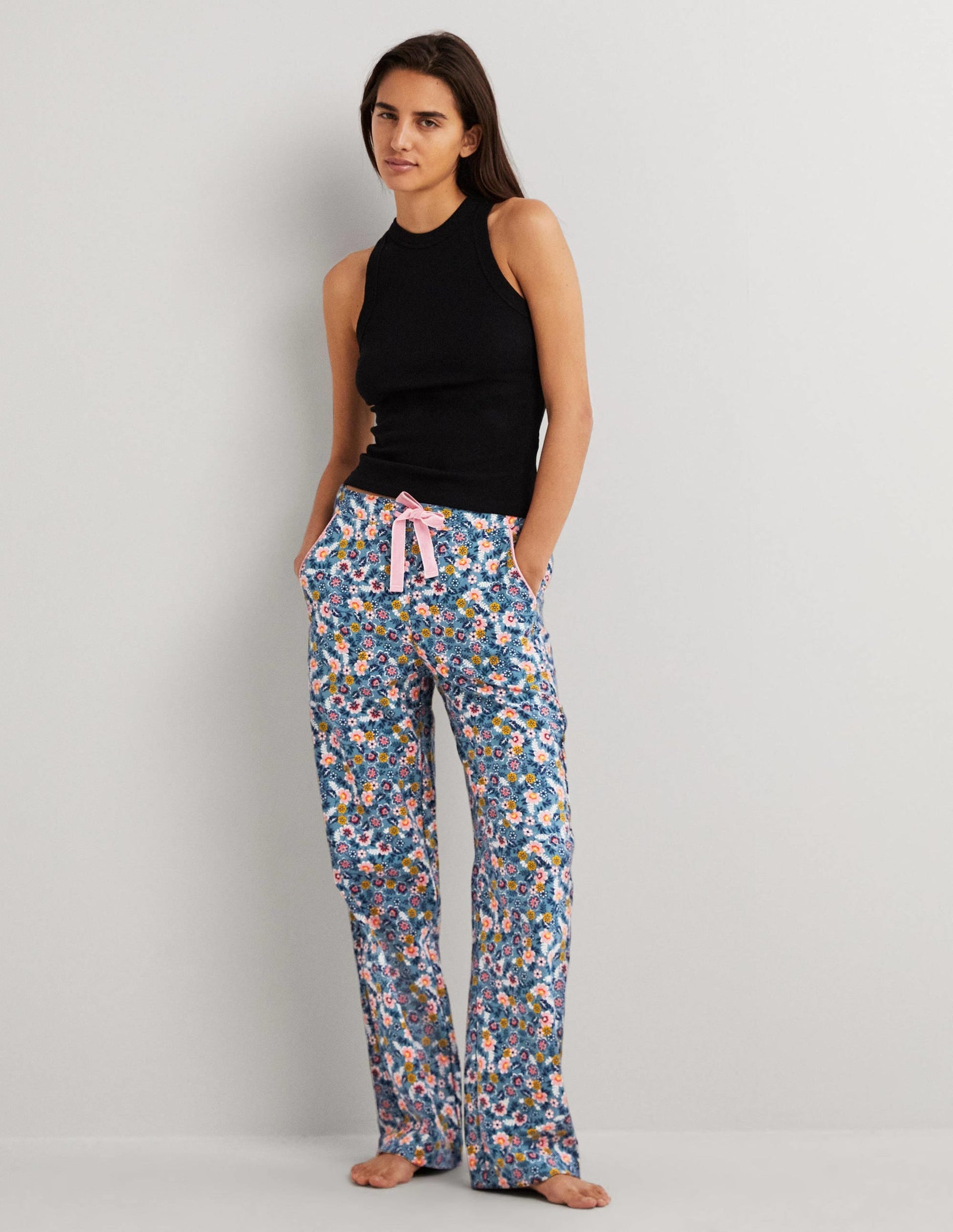Blue Floral Pyjama Bottoms-Mid Blue, Opulent Leaf-1