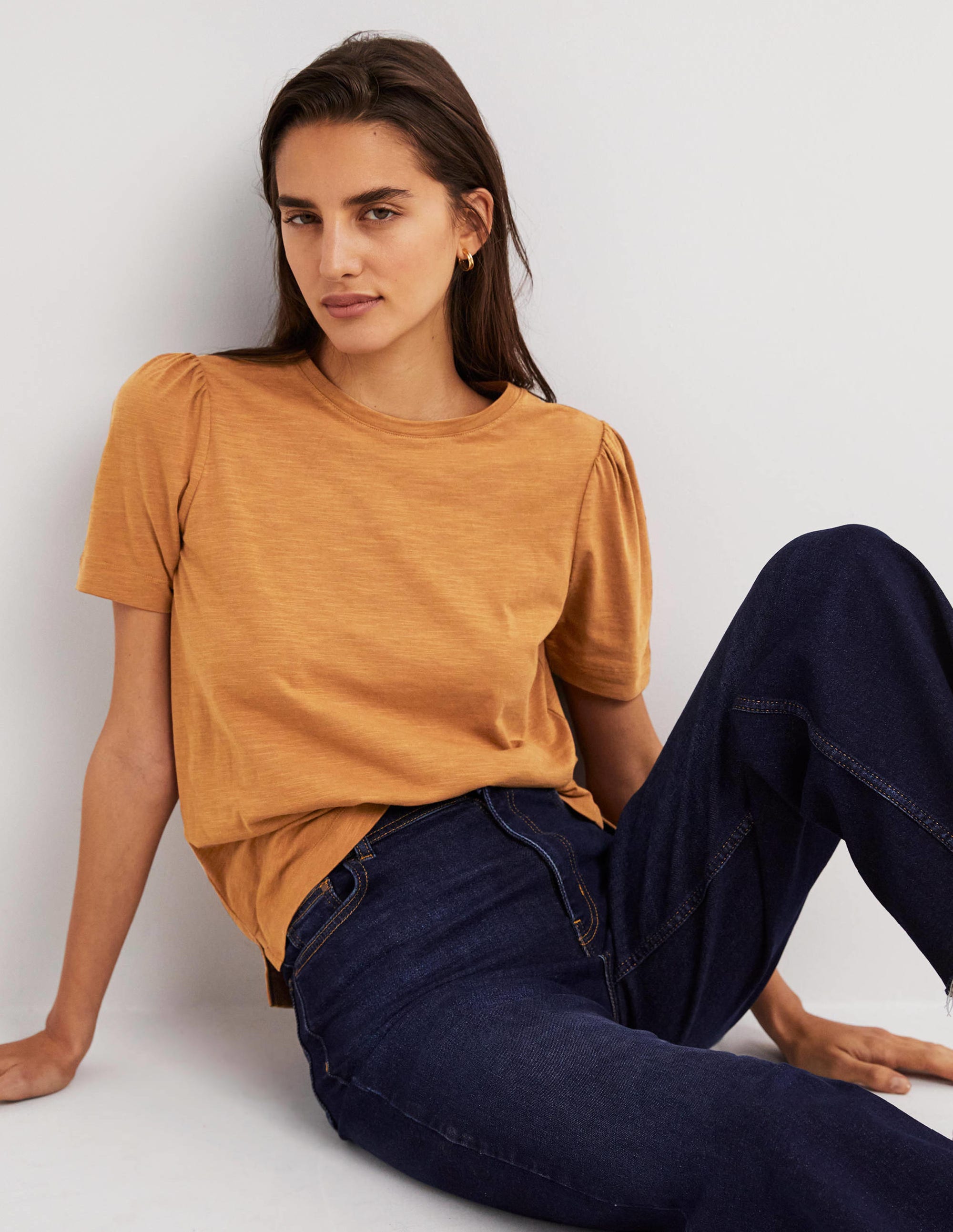 Puff Sleeve Cotton T-Shirt-Butterscotch Brown - Image 1