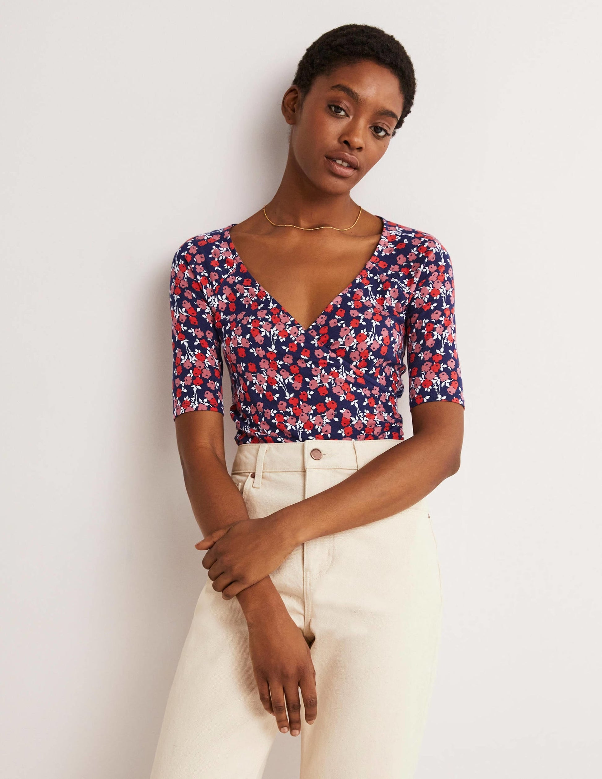 Short Sleeve Wrap Top-Cherry Red, Abstract Sprig-1