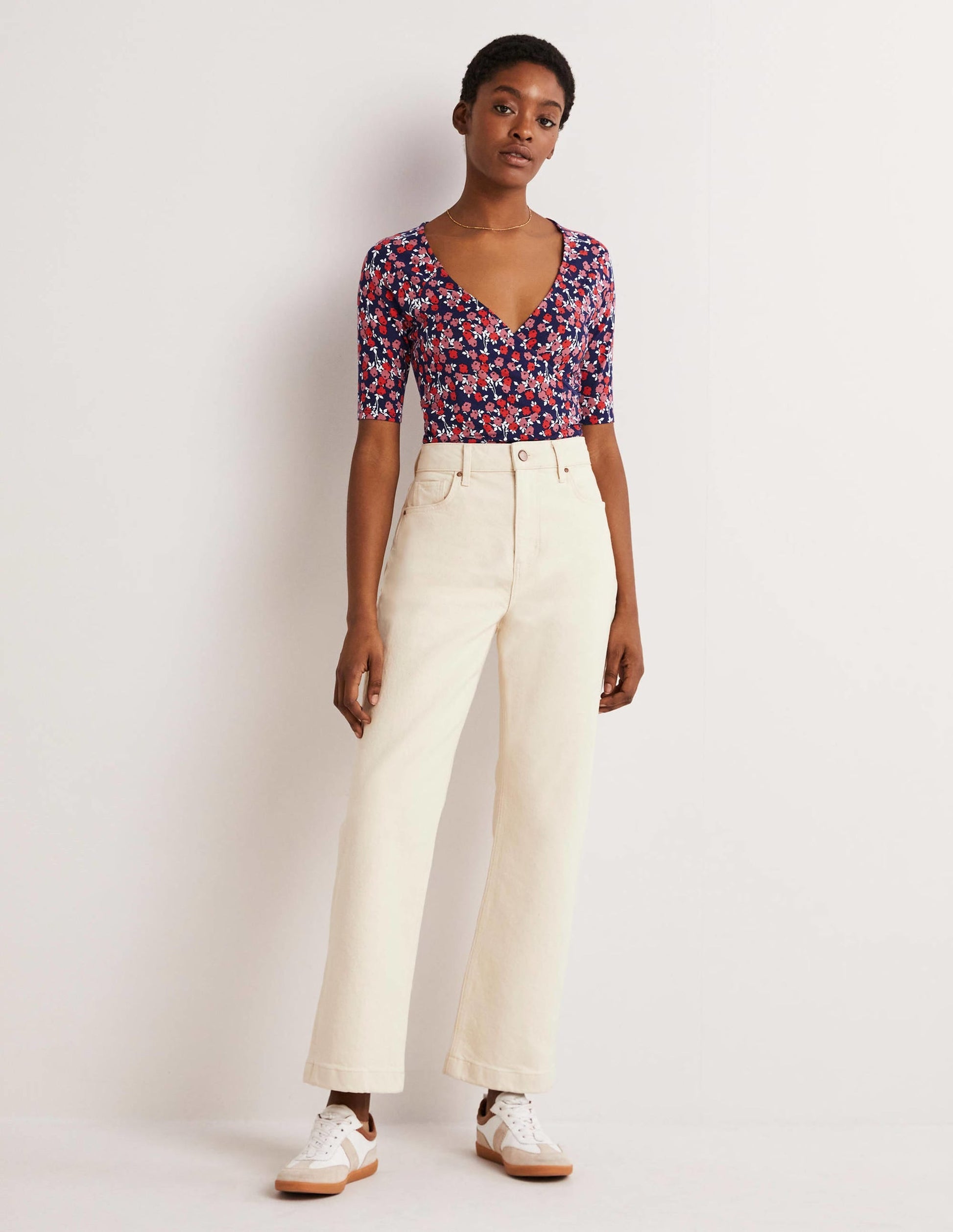 Short Sleeve Wrap Top-Cherry Red, Abstract Sprig-4