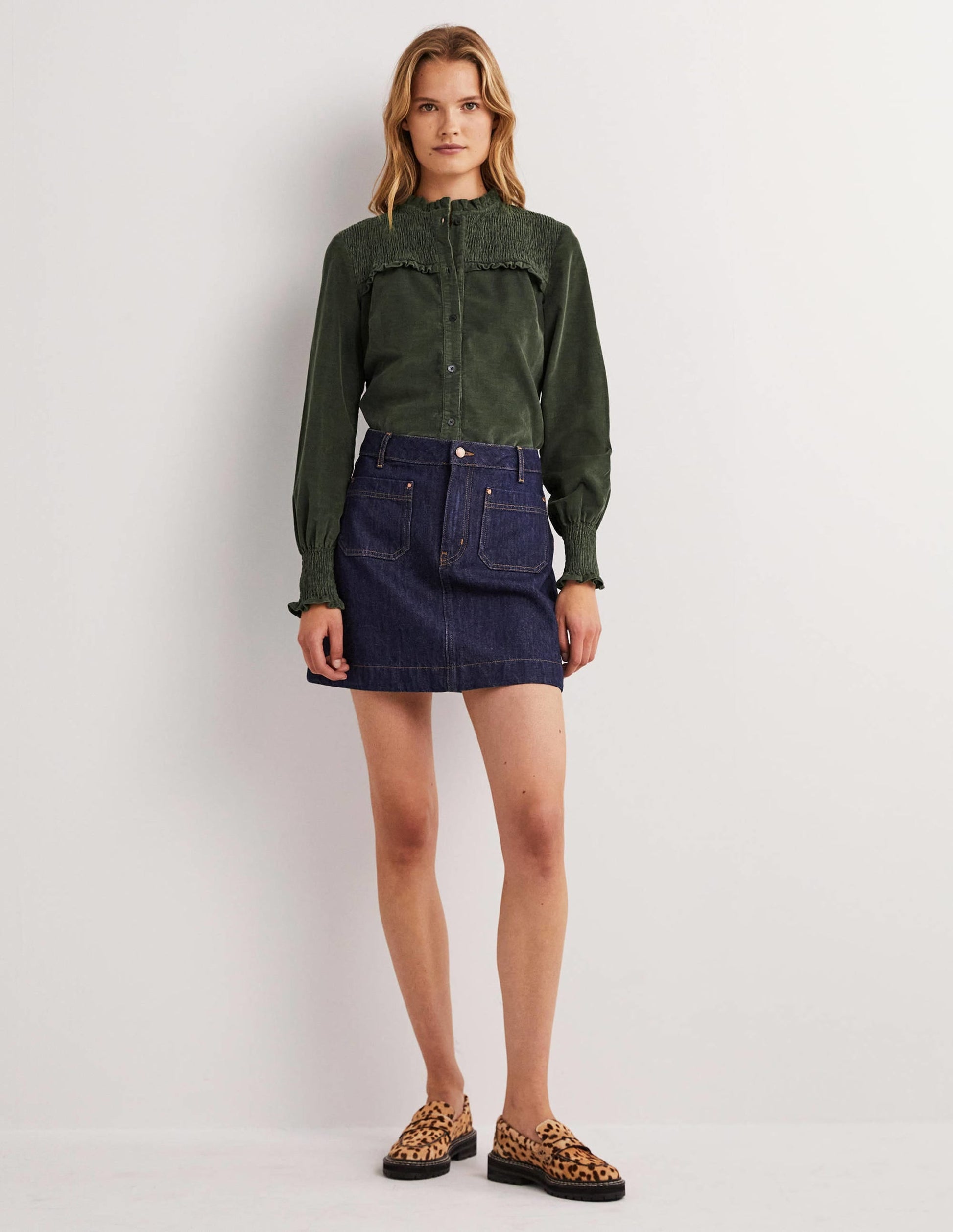Smocked High Neck Shirt-Forest Green-5