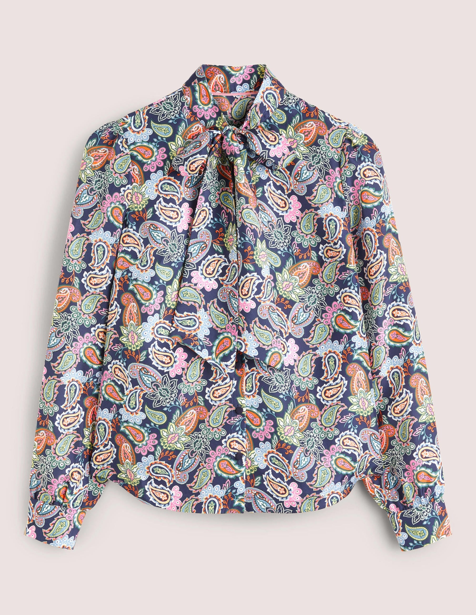 Silk Tie Neck Blouse-Navy, Paisley Charm - Image 5