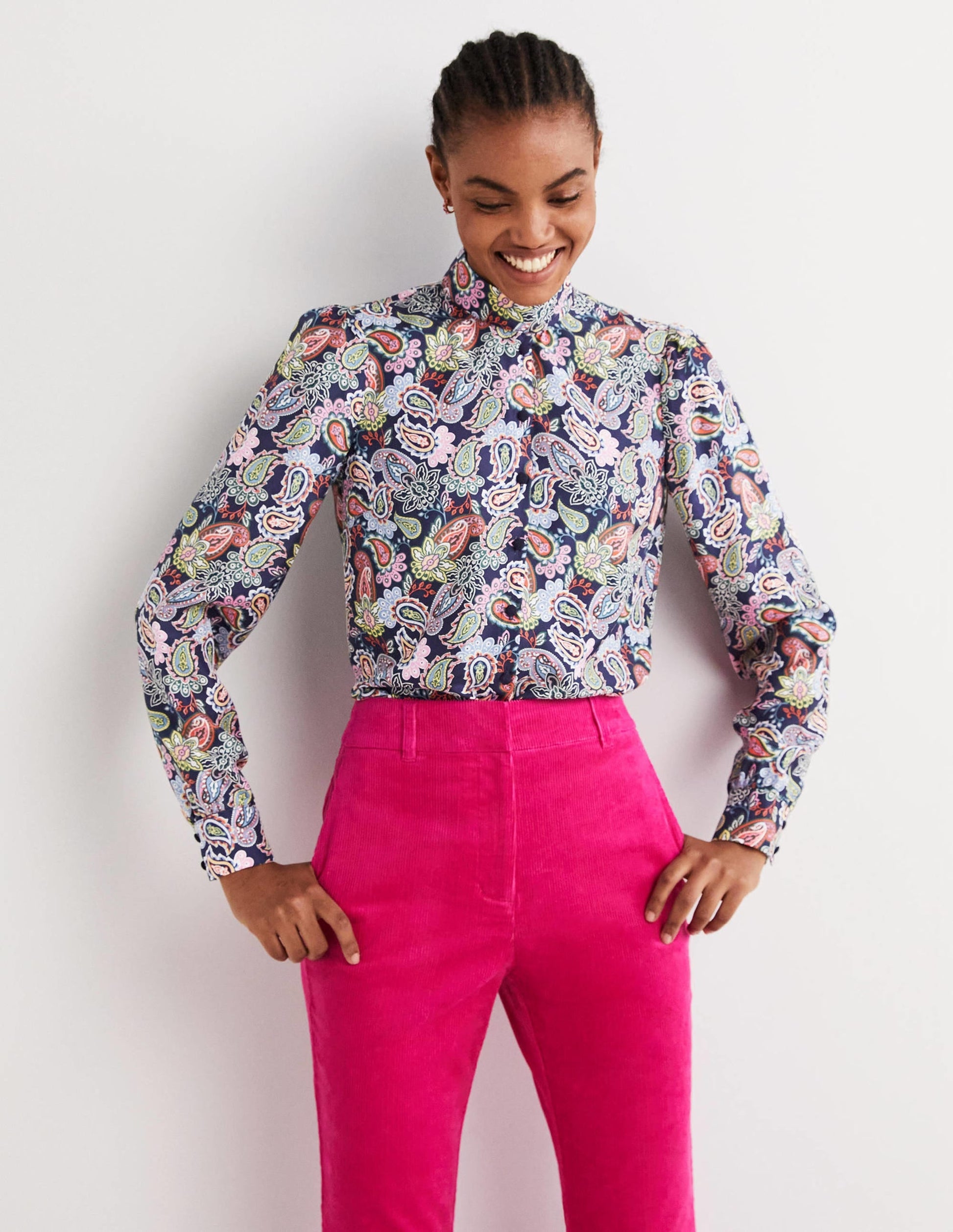 Silk Tie Neck Blouse-Navy, Paisley Charm-1